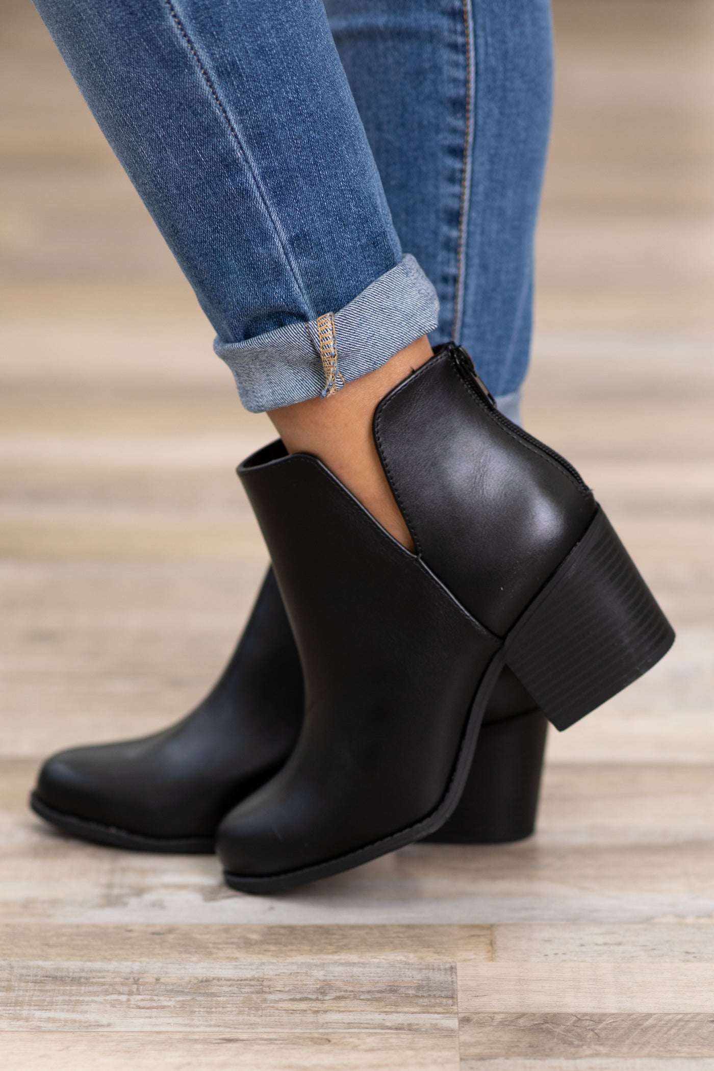 Black Back Zip Booties With Cutout Detail