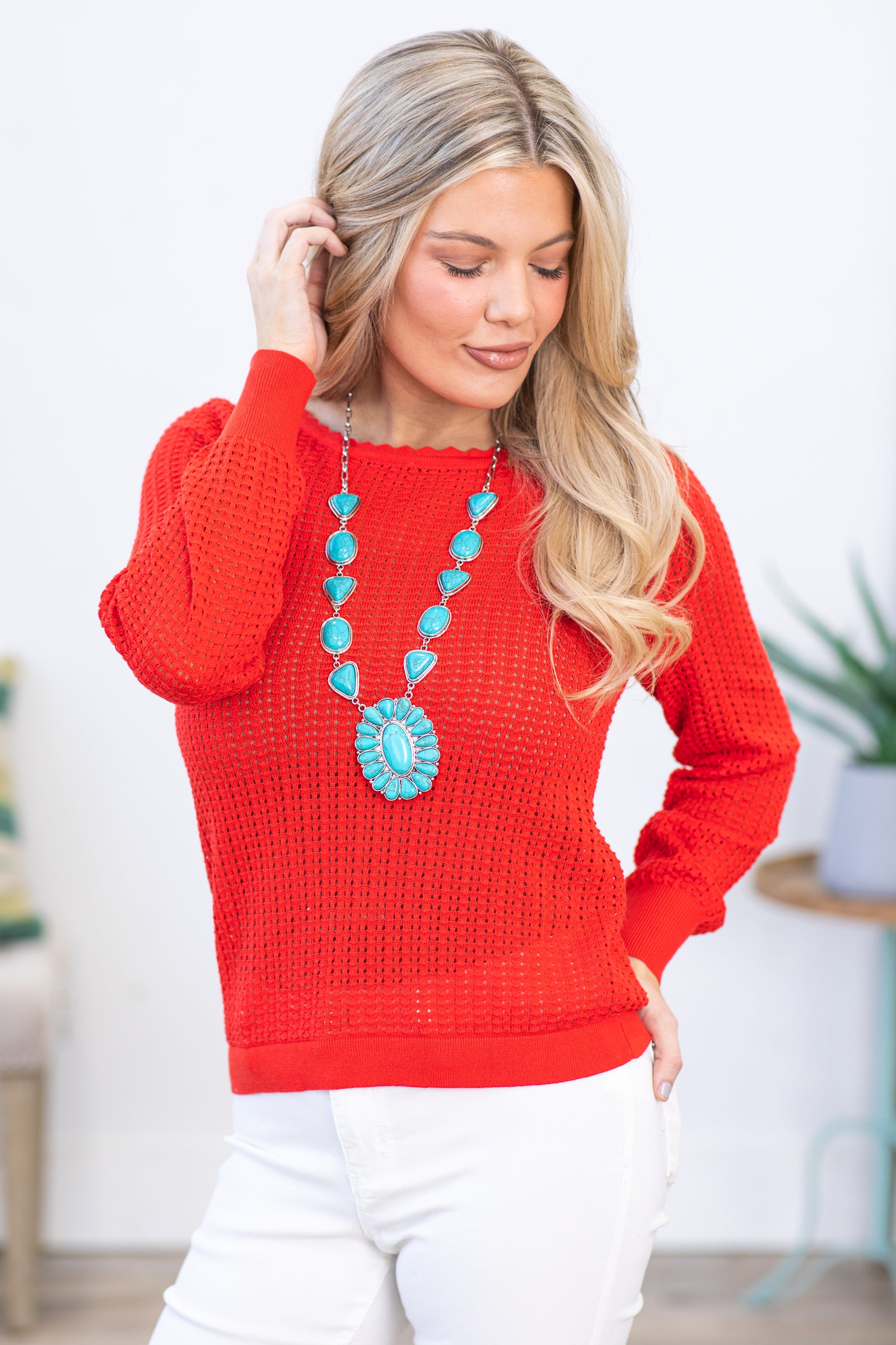 Red Pointelle Boat Neck Sweater