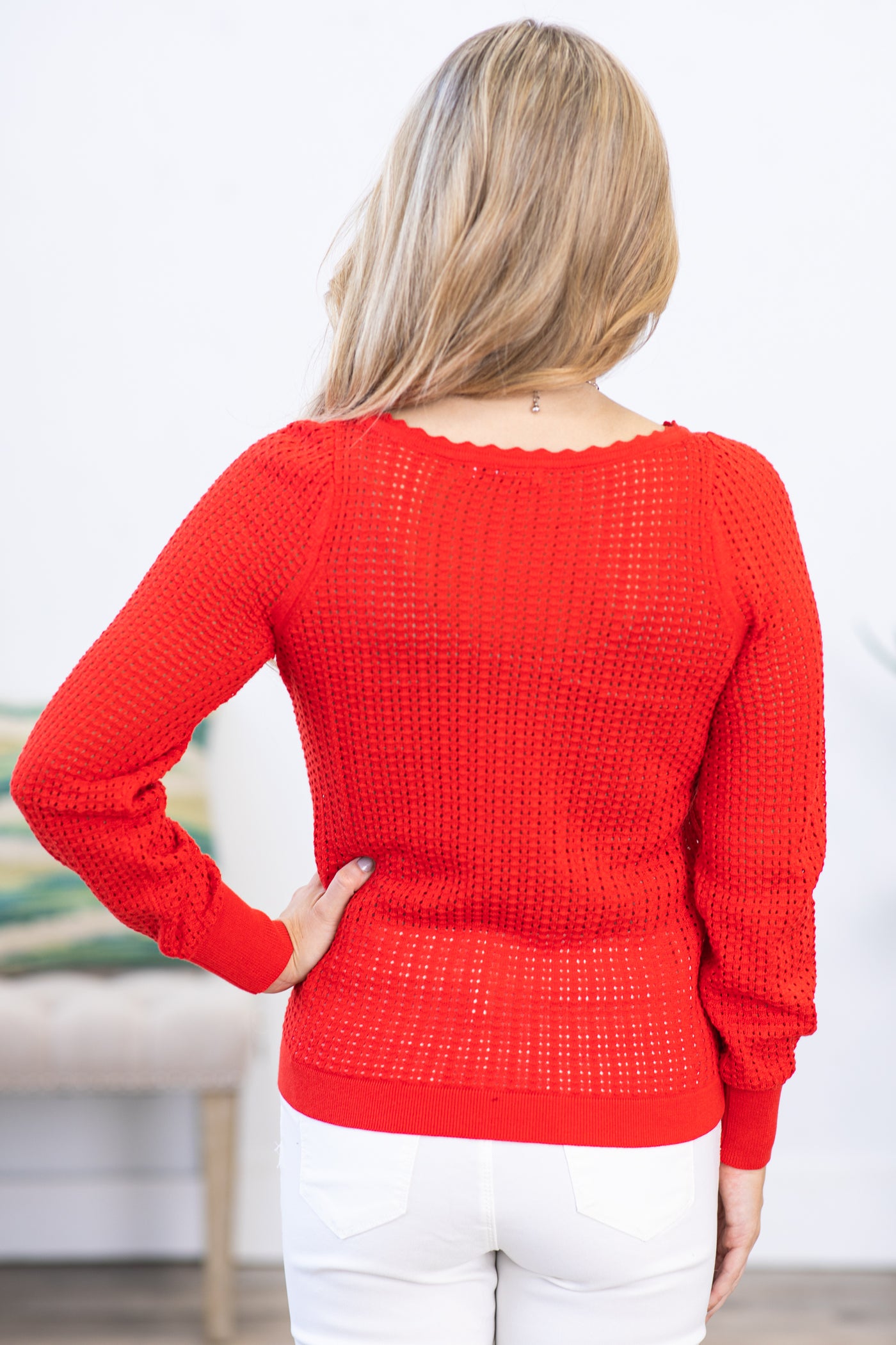 Red Pointelle Boat Neck Sweater