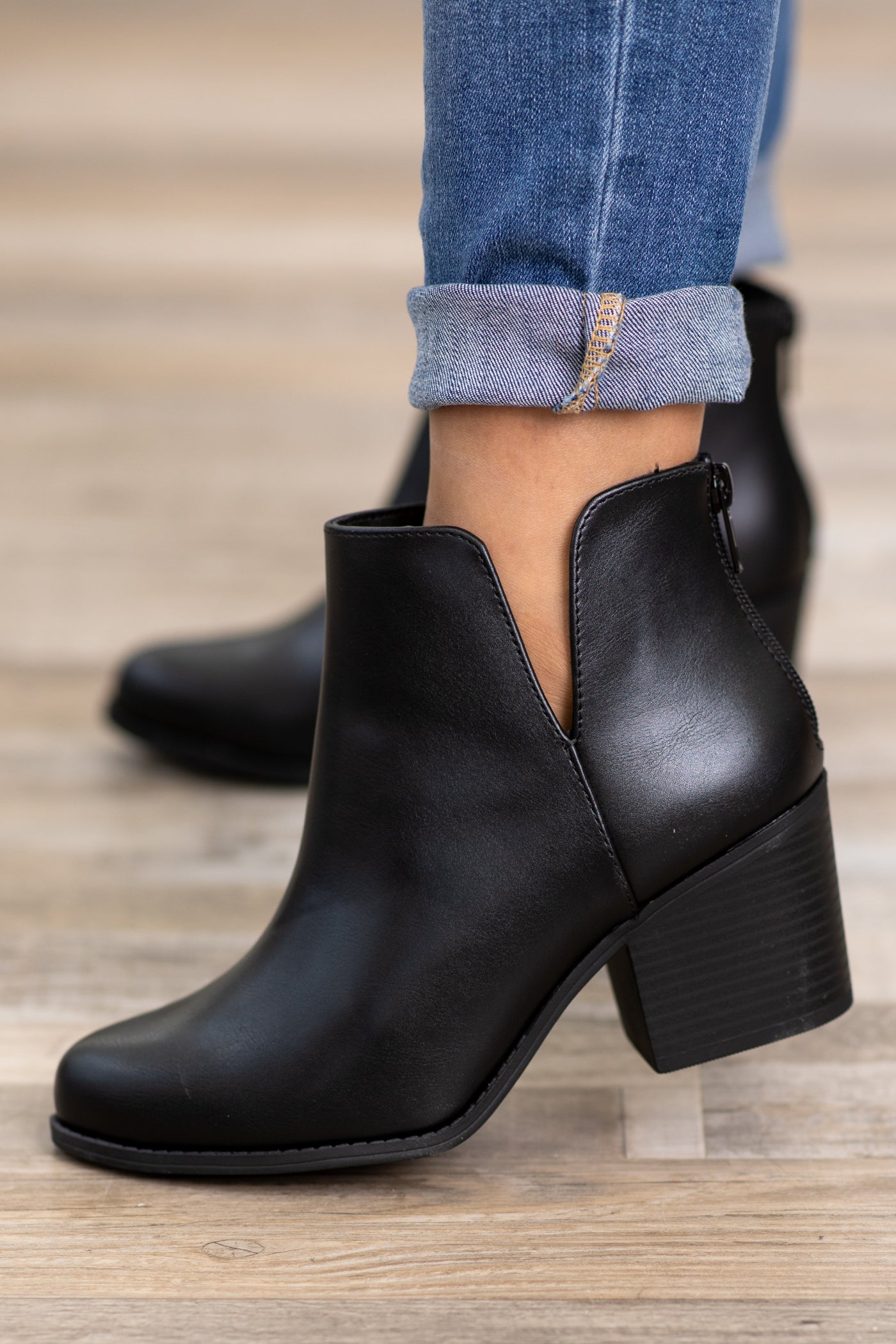 Black Back Zip Booties With Cutout Detail