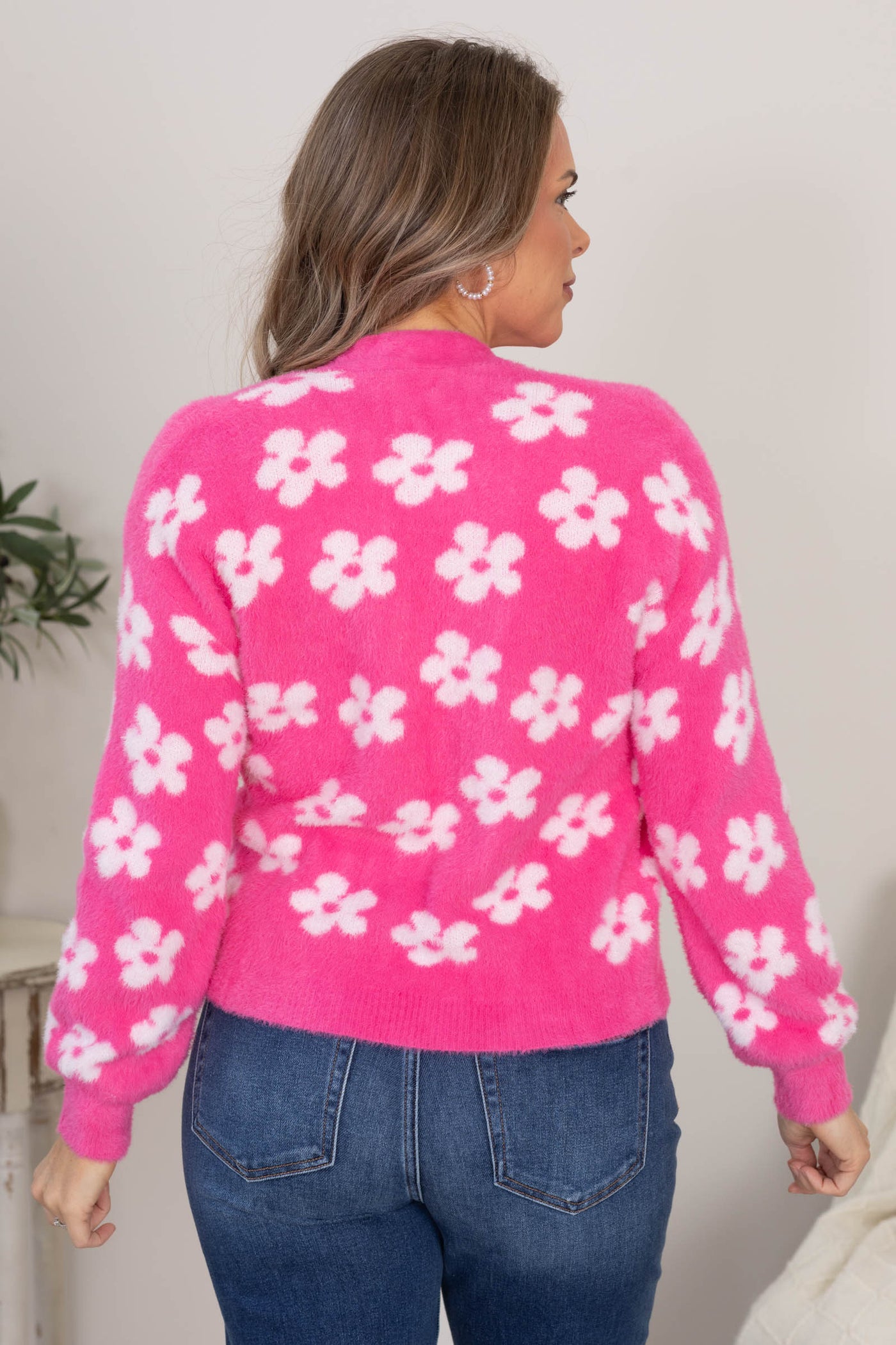 Pink Floral Soft Button Up Sweater Cardigan