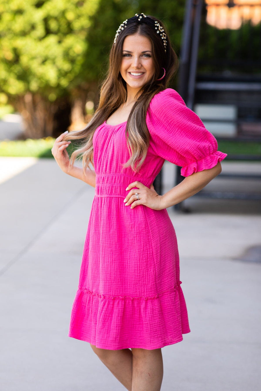 Hot Pink Balloon Sleeve Dress With Smocking - Filly Flair