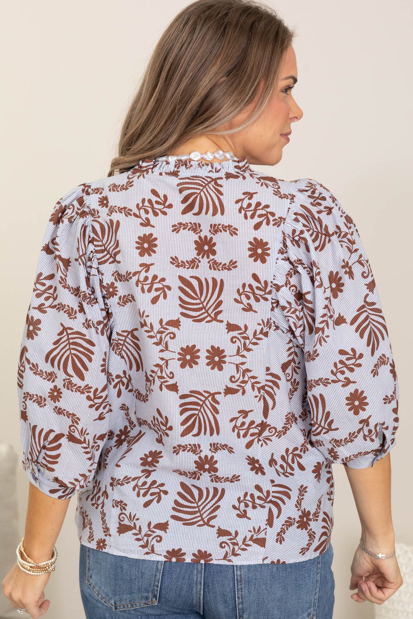 Dusty Blue And Rust Floral Button Up Woven Top