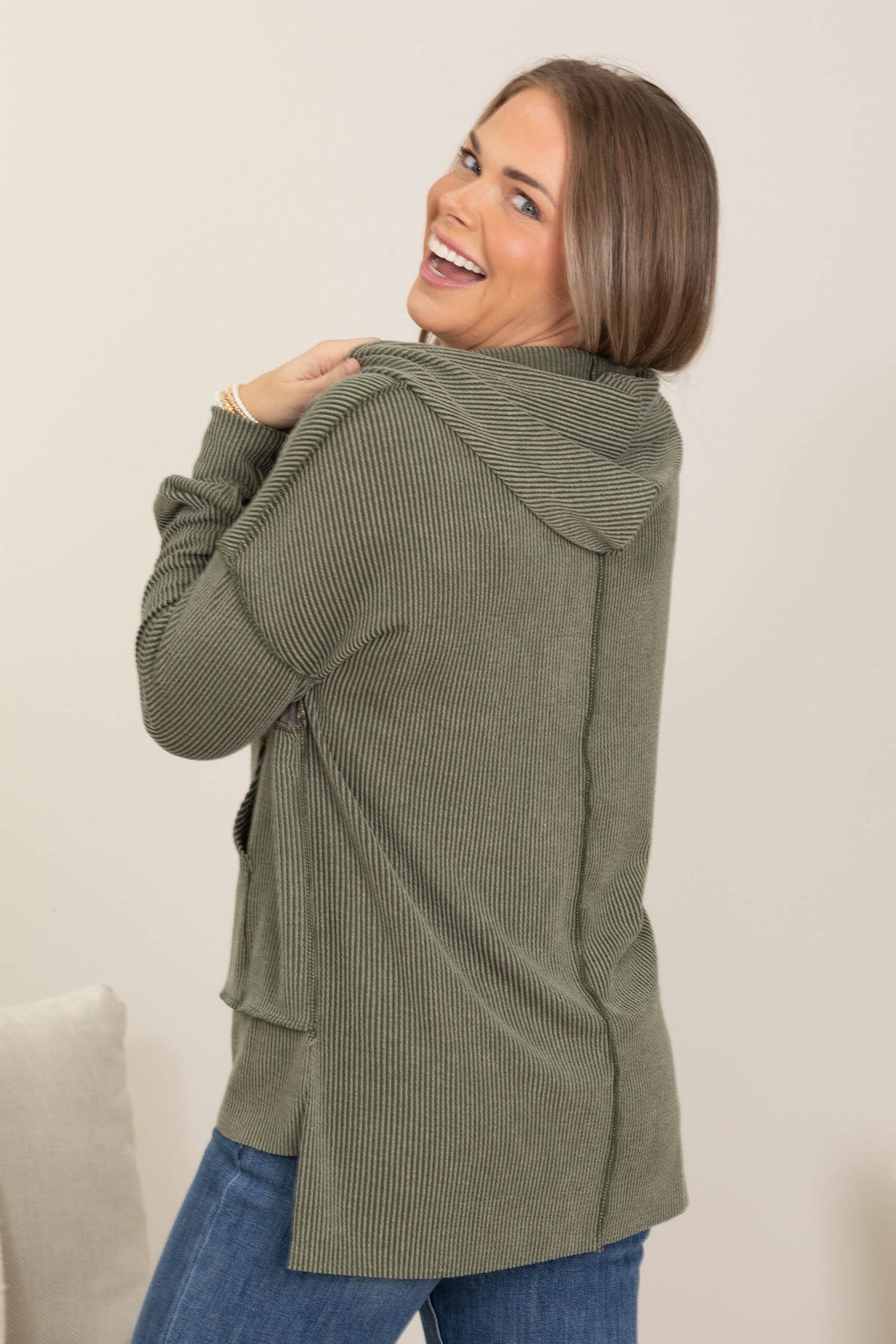 Olive Ribbed Hooded Top With Animal Print