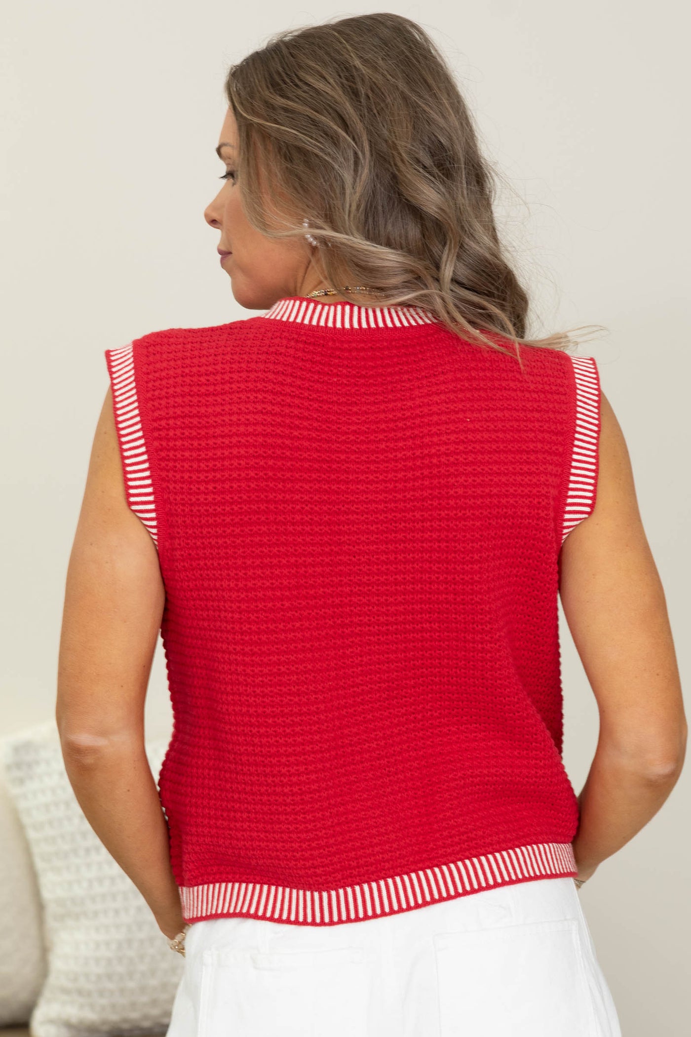 Red Textured Button Down Sweater Vest