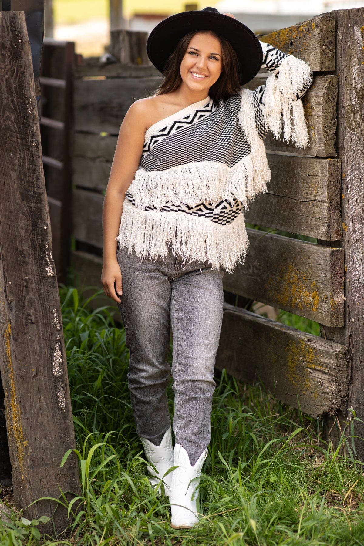 Ivory One Shoulder Sweater With Fringe - Filly Flair
