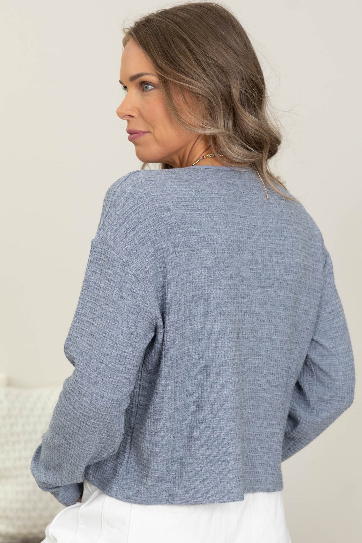 Slate Blue Soft Waffle Knit Button Front Top