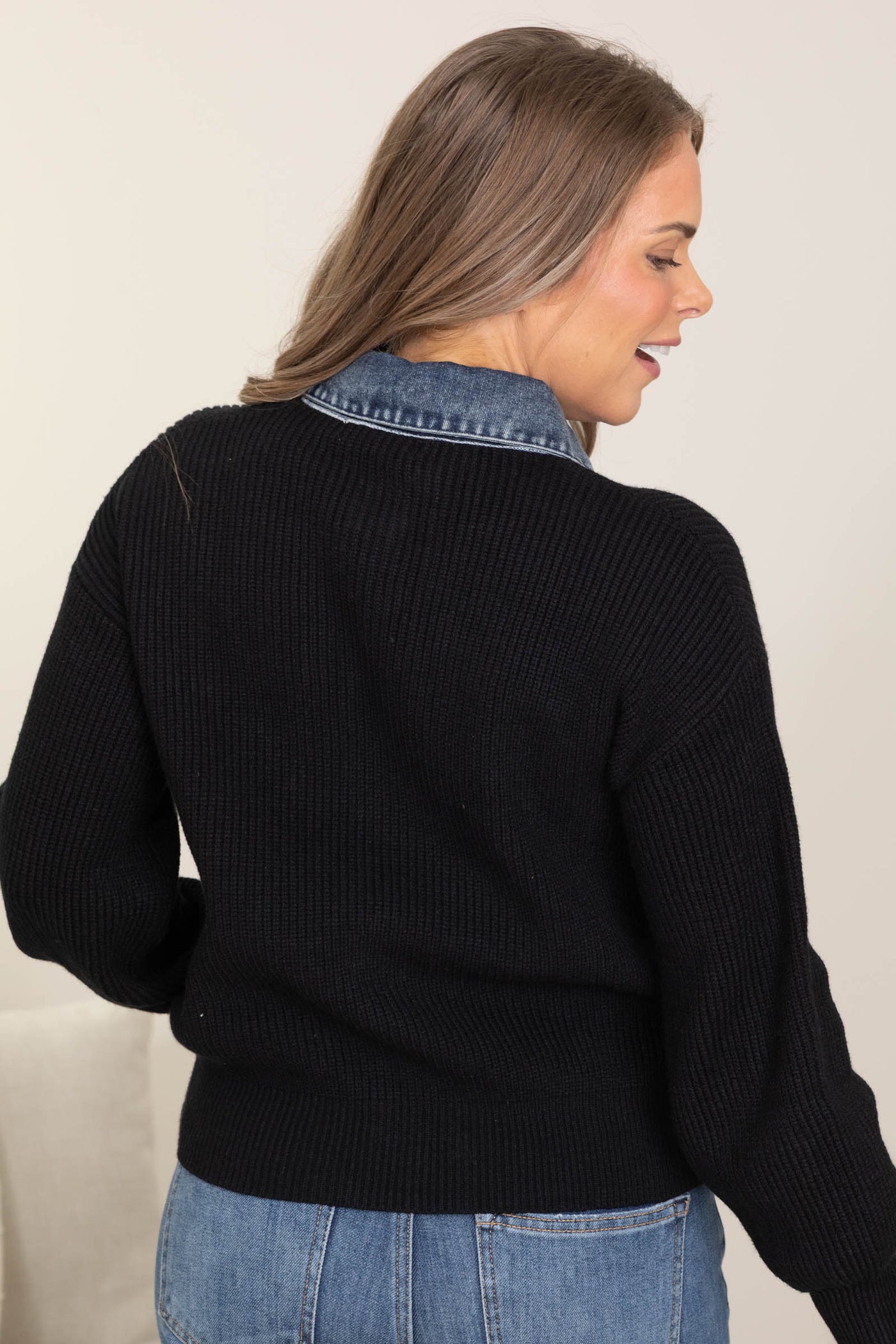 Black Sweater Cardigan With Denim Contrast