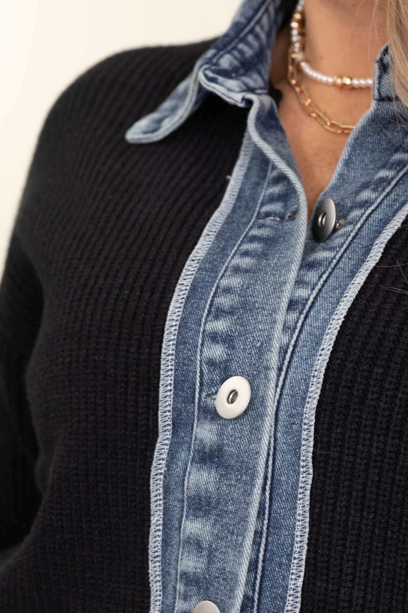 Black Sweater Cardigan With Denim Contrast