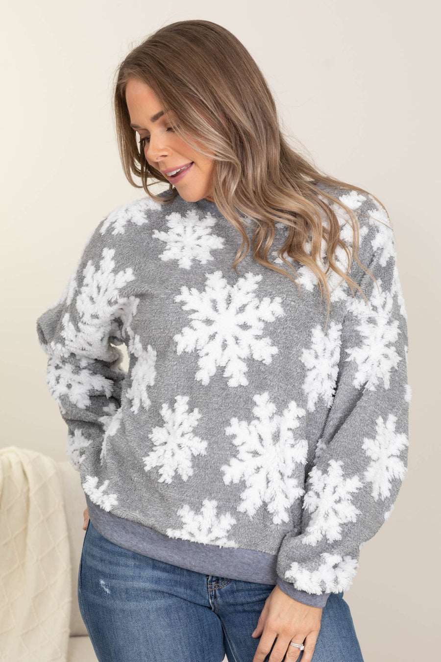Grey And White Fuzzy Snowflake Sweatshirt