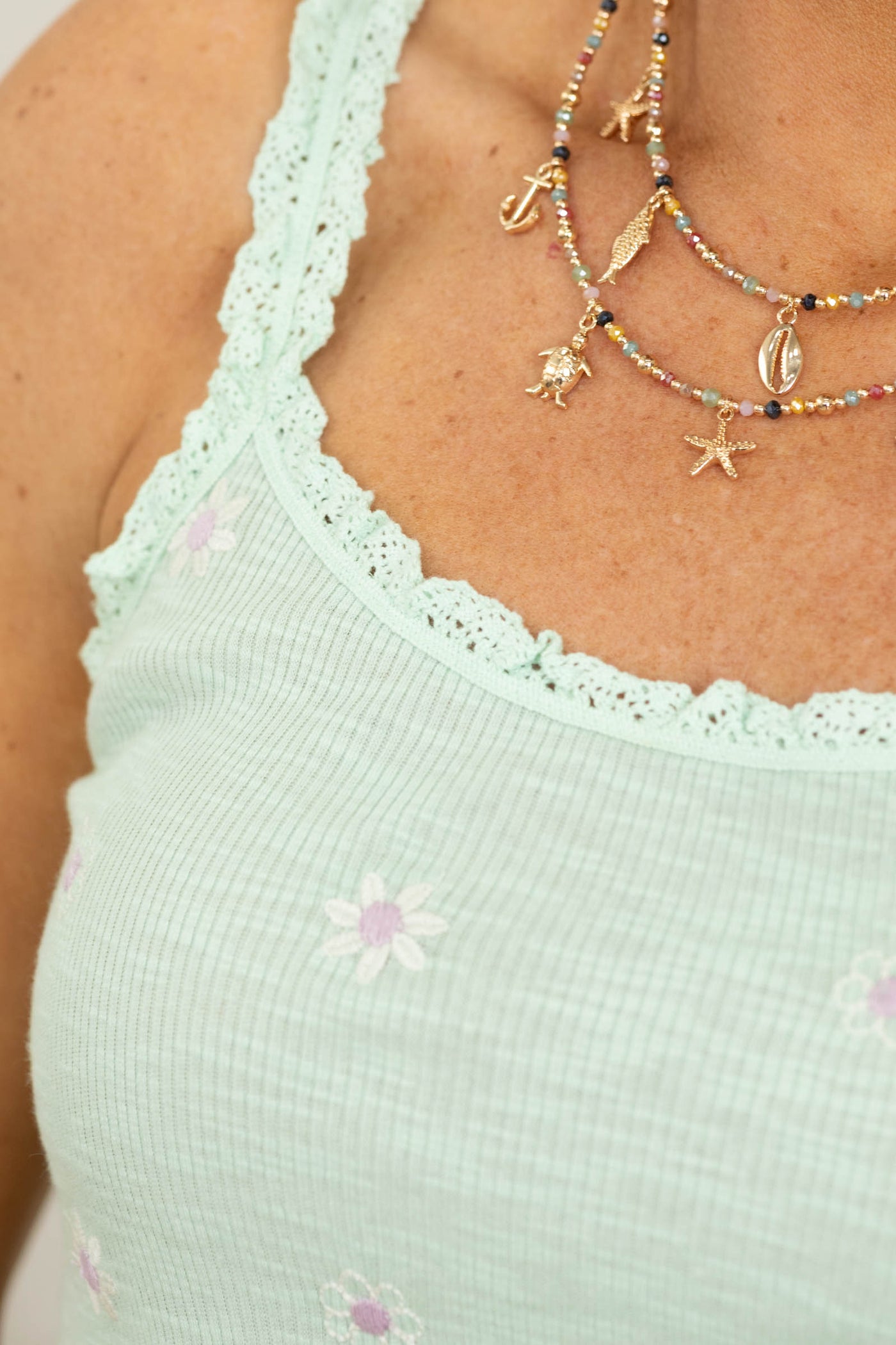 Mint Floral Embroidery Crochet Trimmed Cami