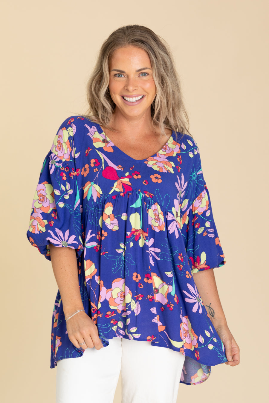 Royal Blue Floral Printed Challis Babydoll Top