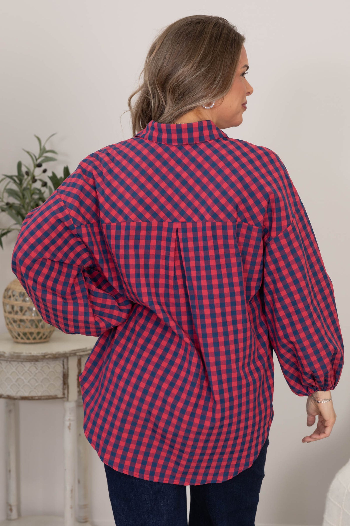 Navy And Red Plaid Check Puff Sleeve Woven Top