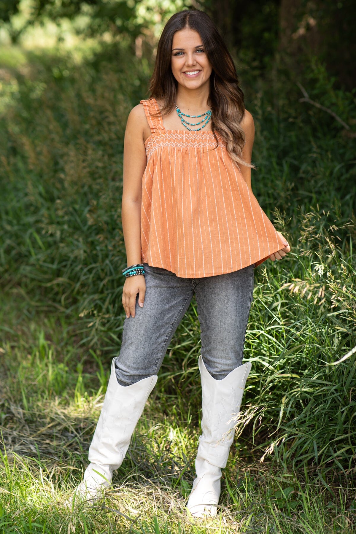 Burnt Orange Embroidered Trim Tank - Filly Flair