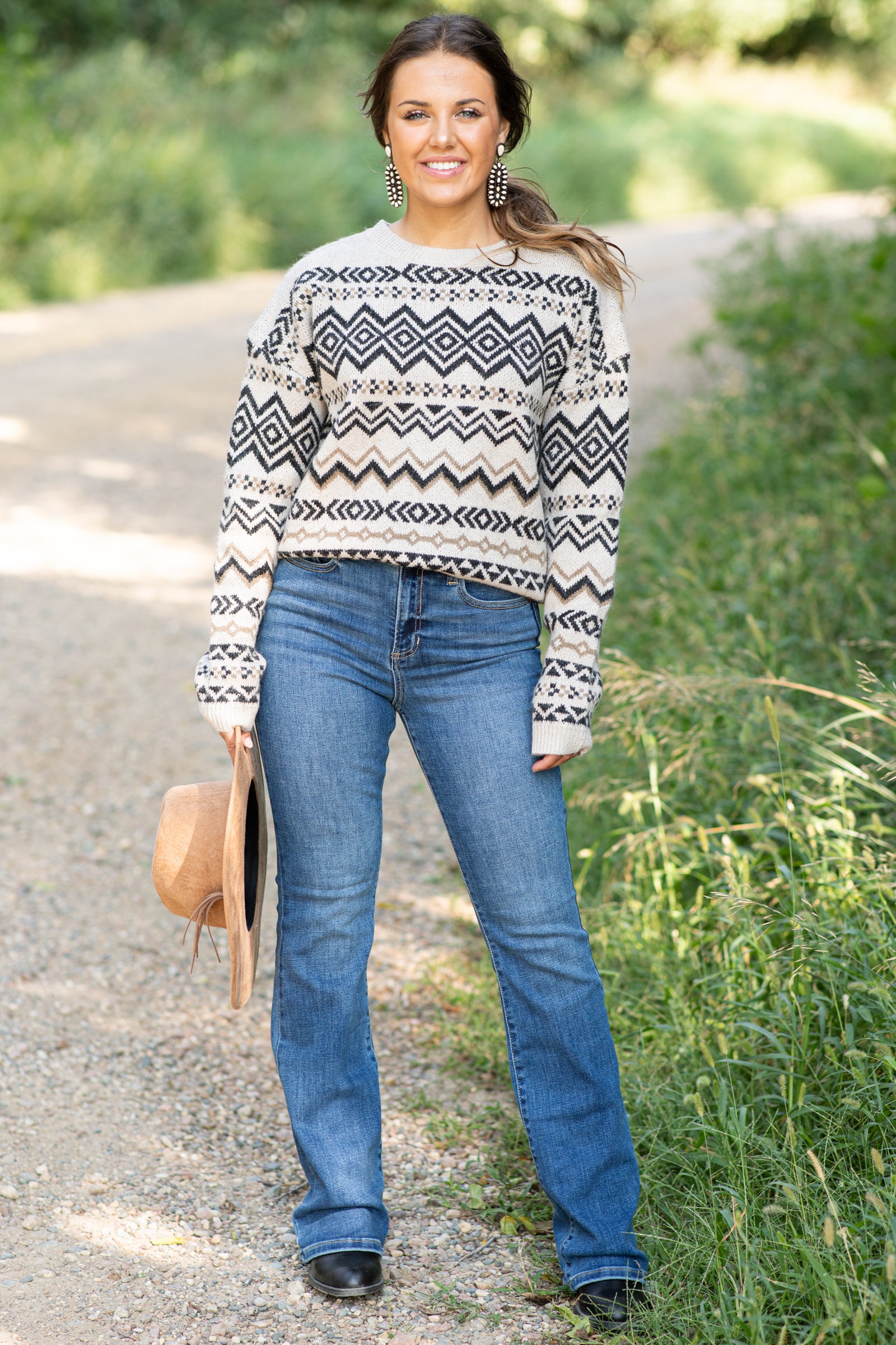 Oatmeal and Black Aztec Print Sweater