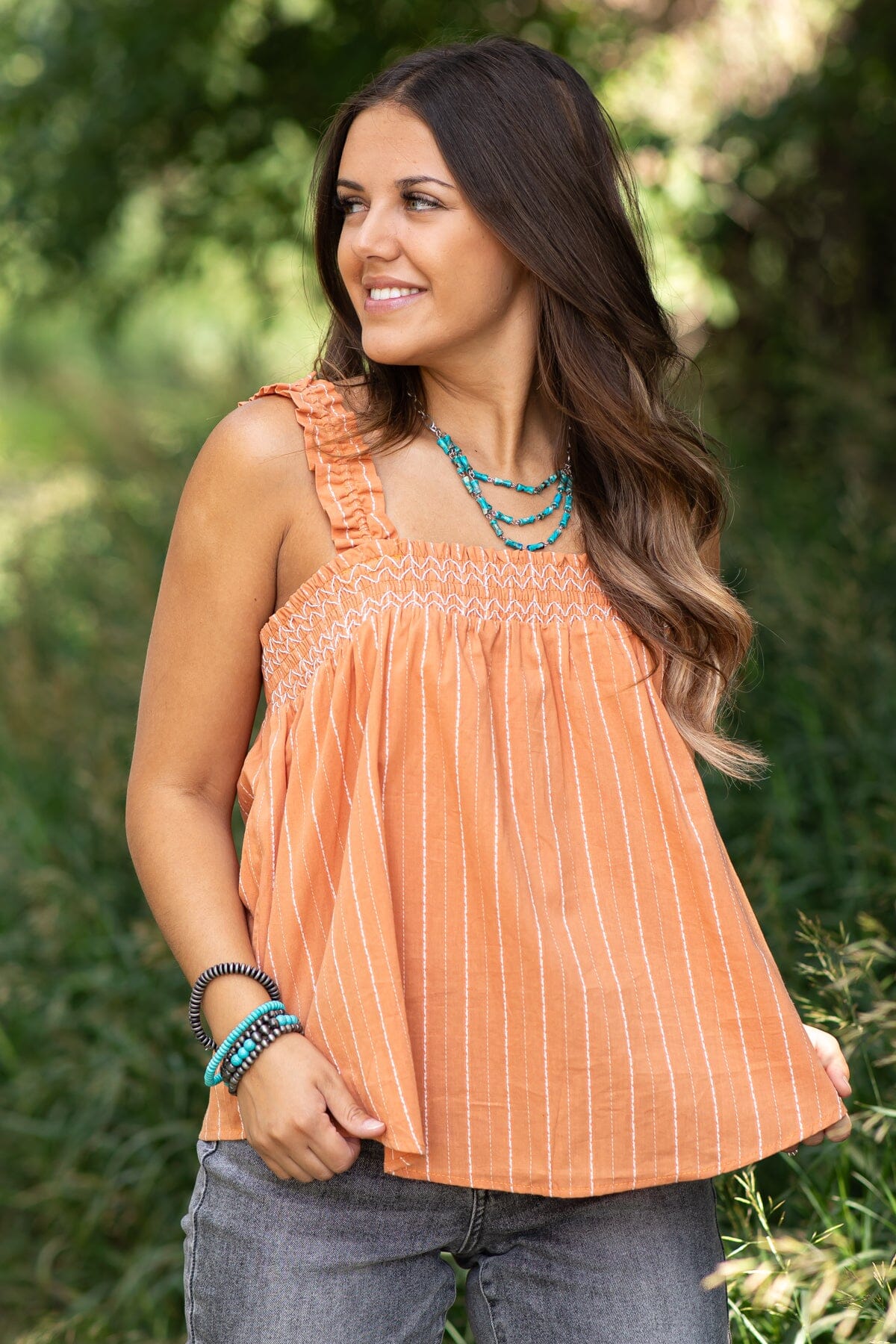 Burnt Orange Embroidered Trim Tank - Filly Flair