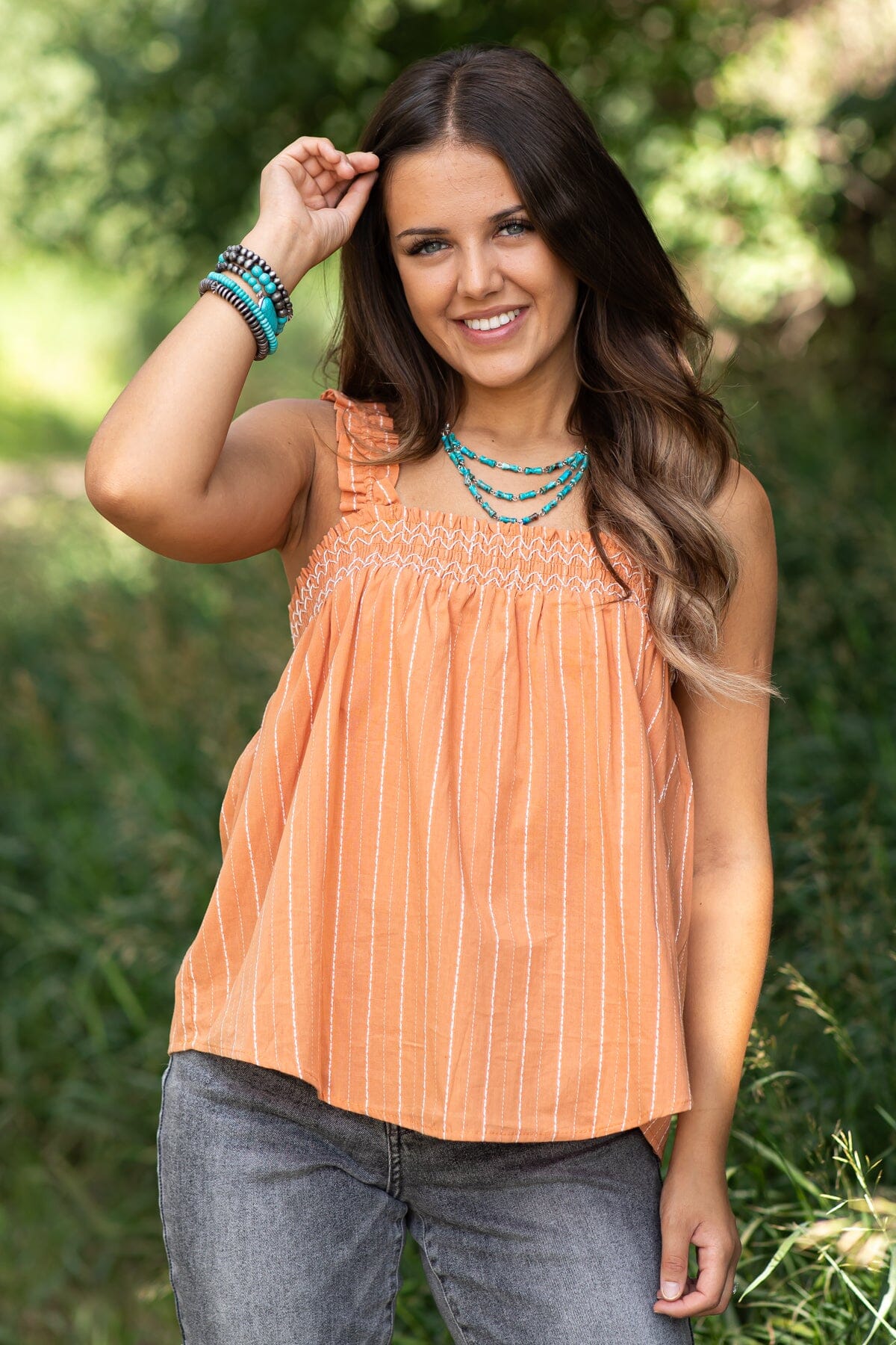 Burnt Orange Embroidered Trim Tank - Filly Flair