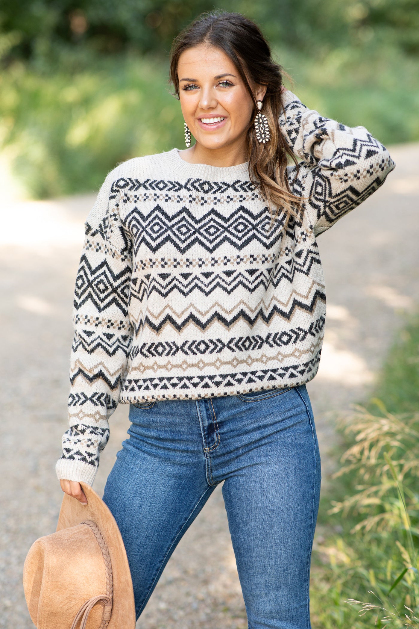 Oatmeal and Black Aztec Print Sweater