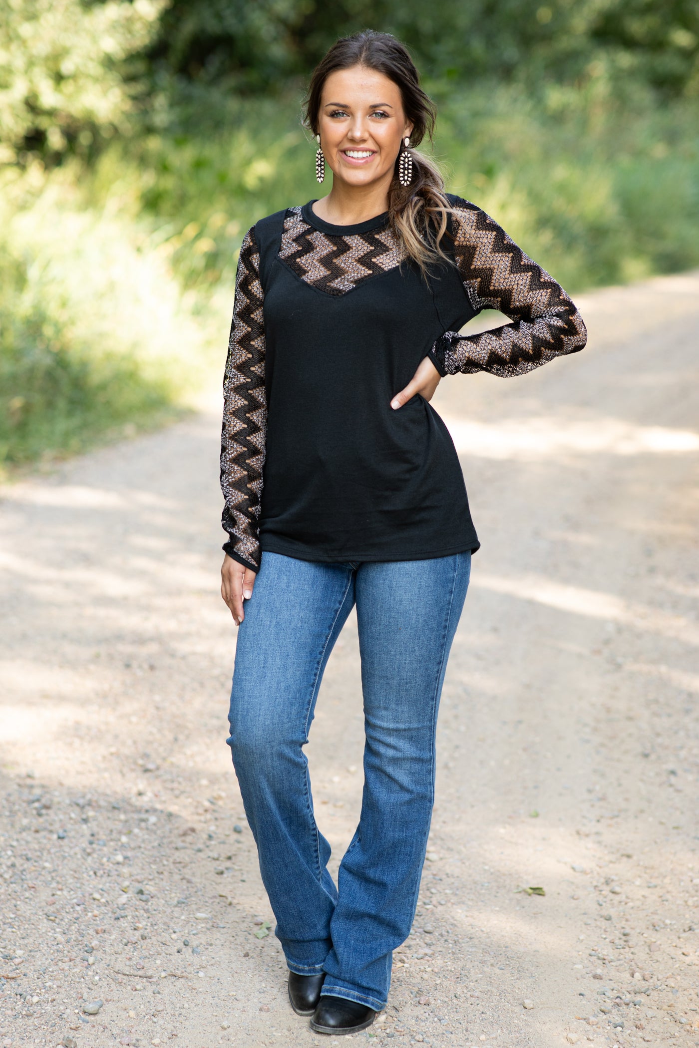 Black and Off White Top With Chevron Sleeves
