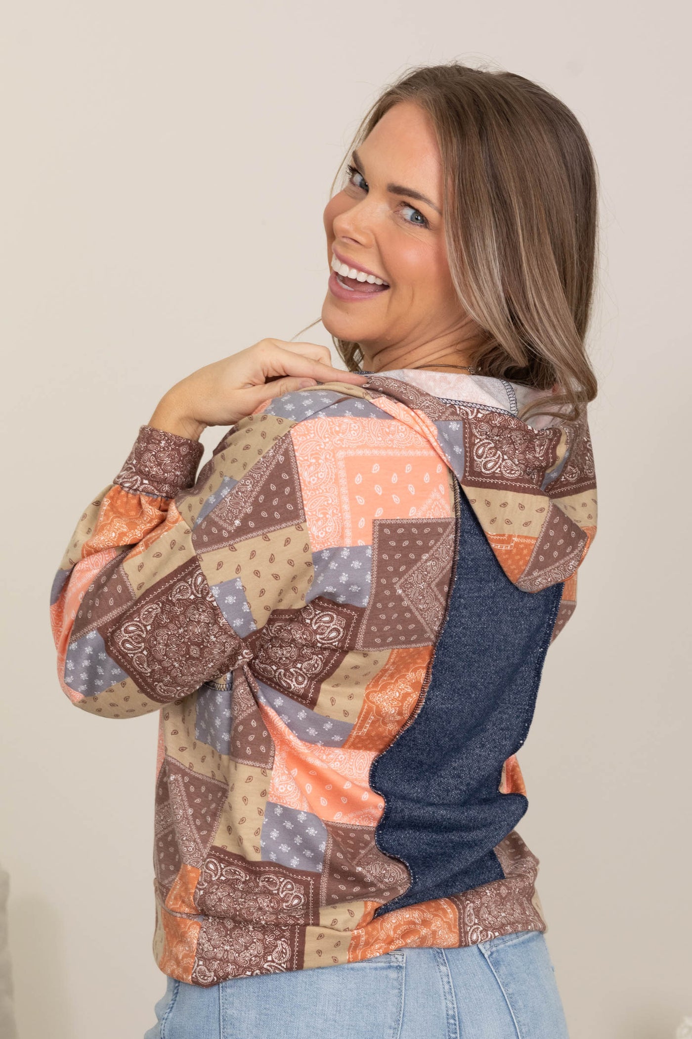Rust Multicolor Patchwork Hooded