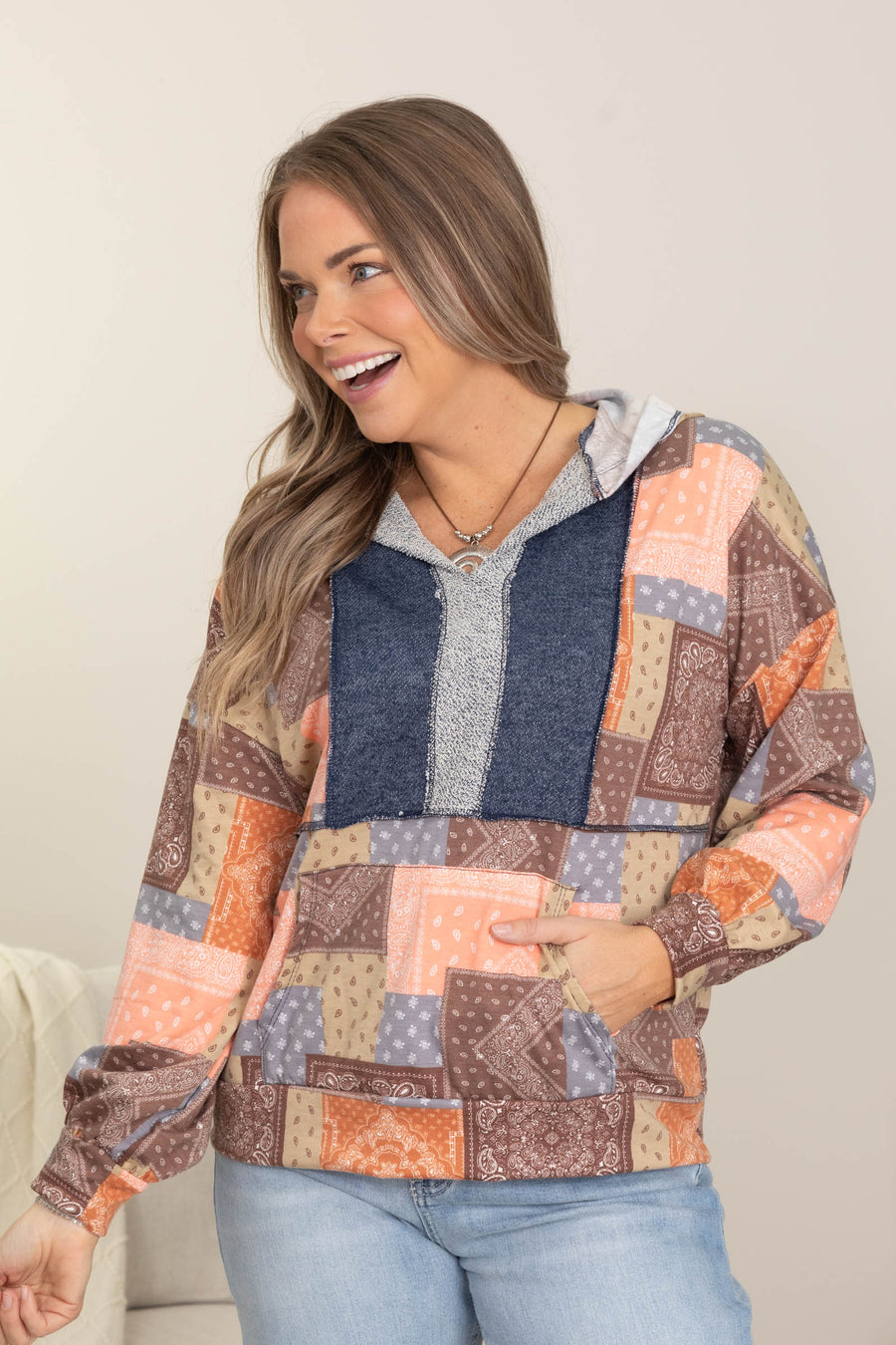 Rust Multicolor Patchwork Hooded