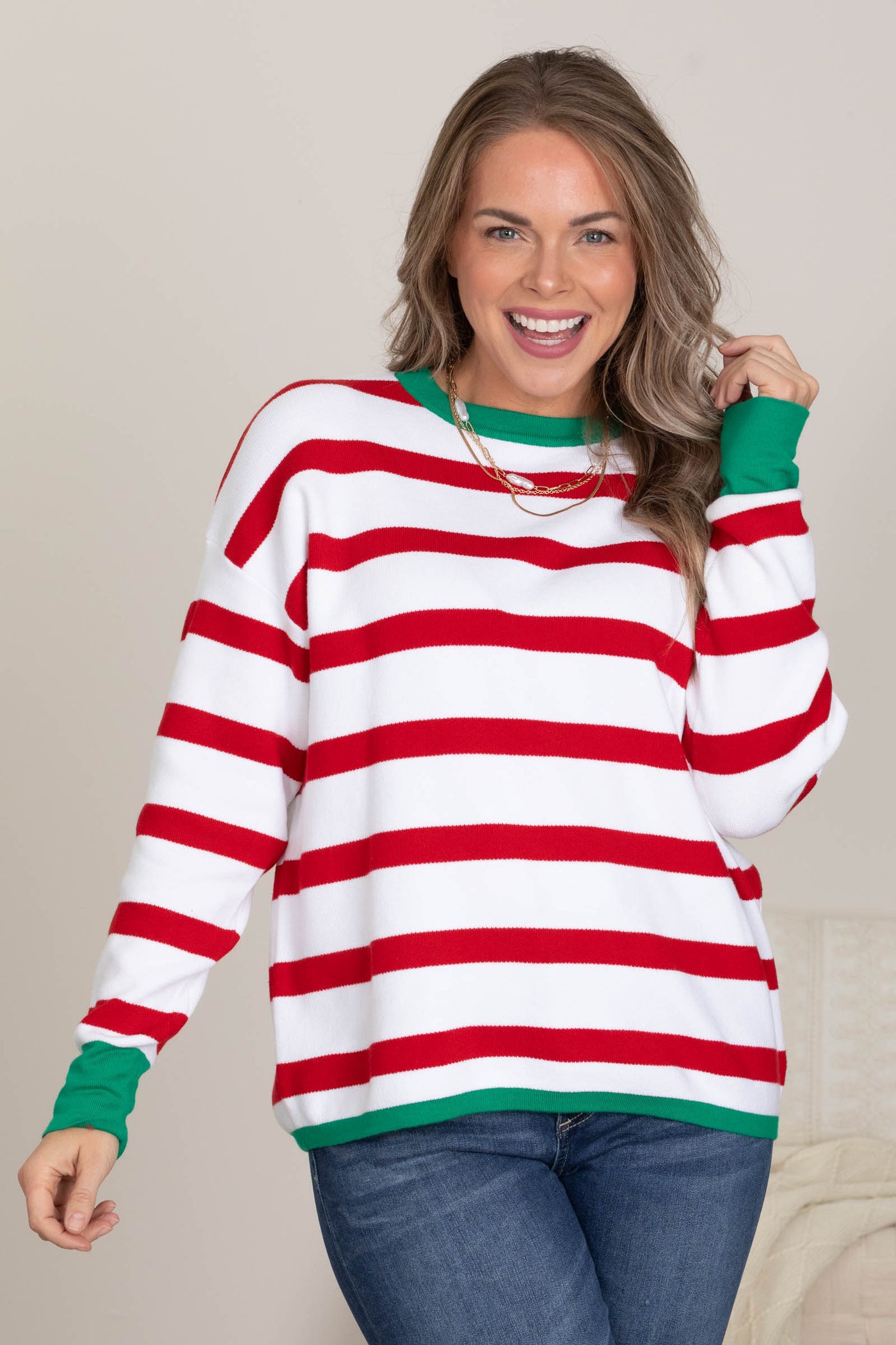 Striped Color Contrast Accents Knit Tops