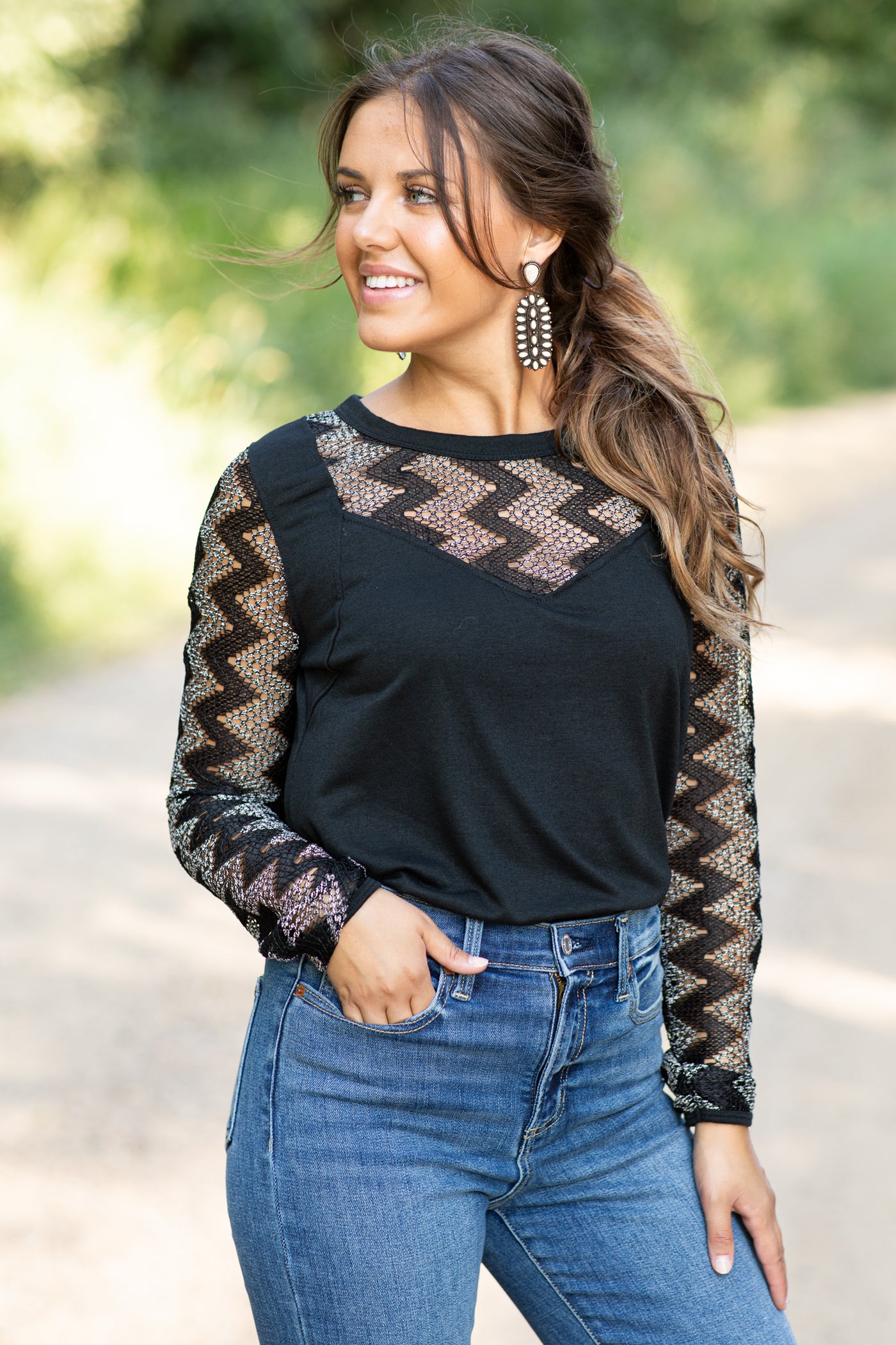 Black and Off White Top With Chevron Sleeves
