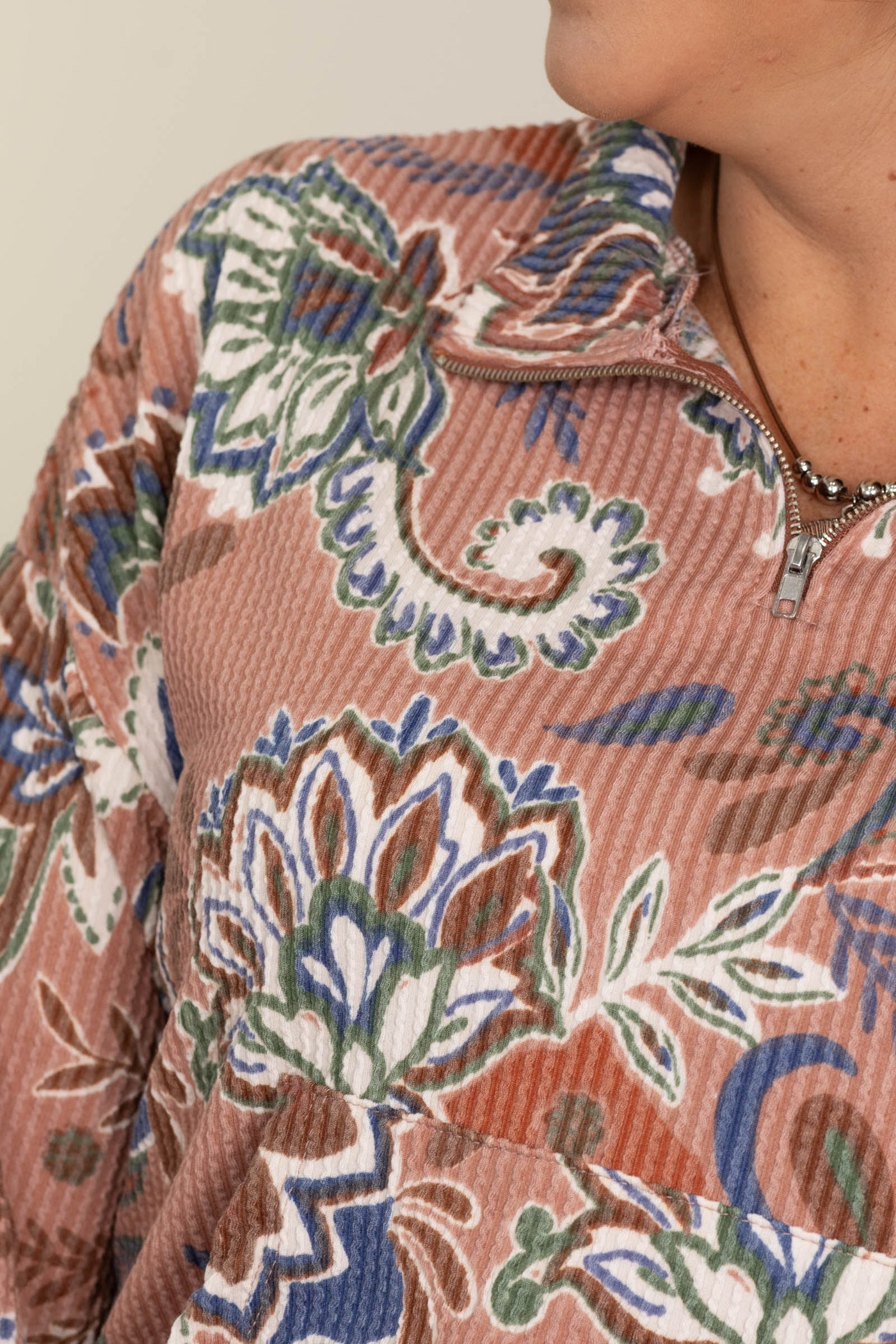 Mauve Paisley Textured Half-Zip Knit Top