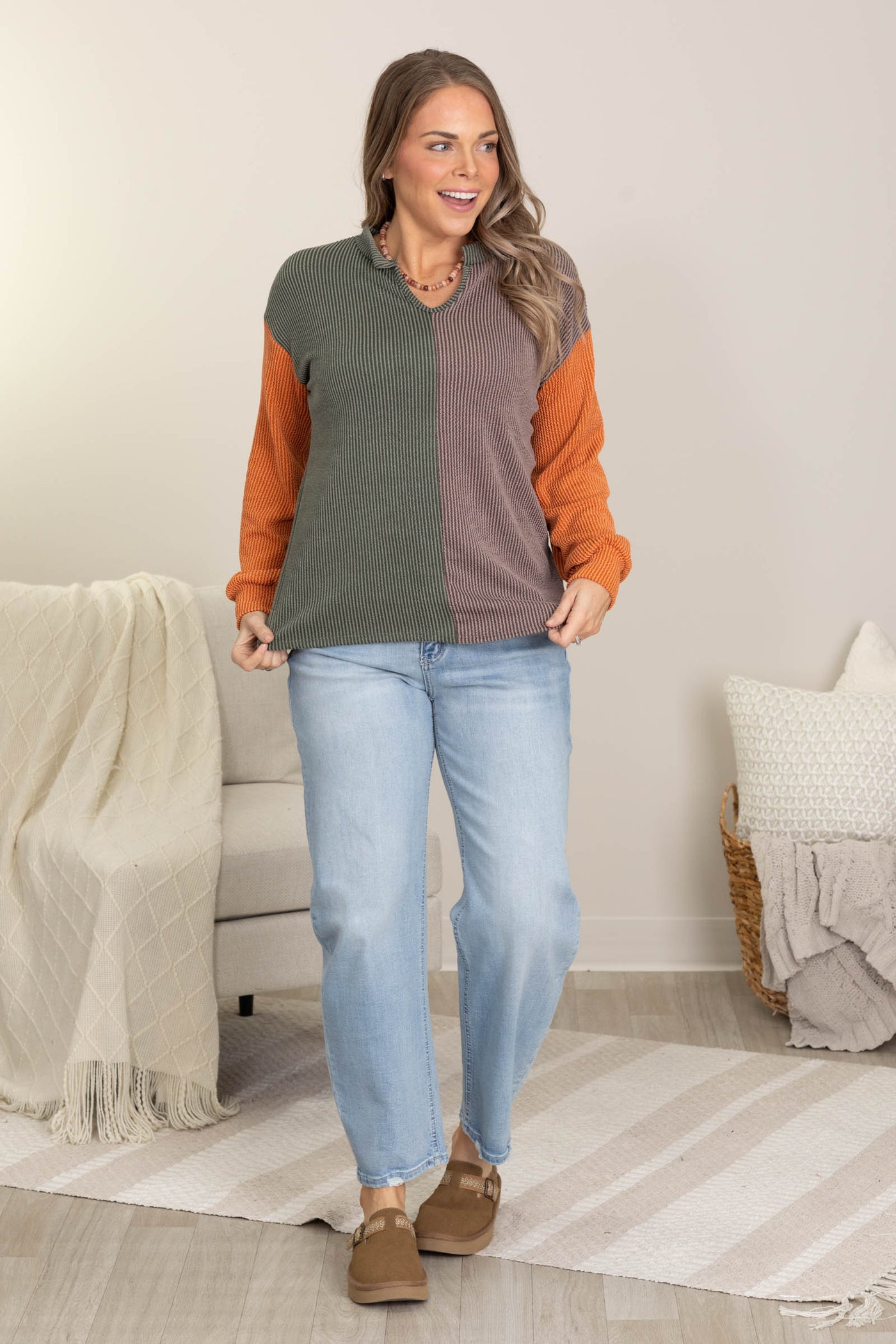 Colorblock Ribbed Knit Tops With V-Neck