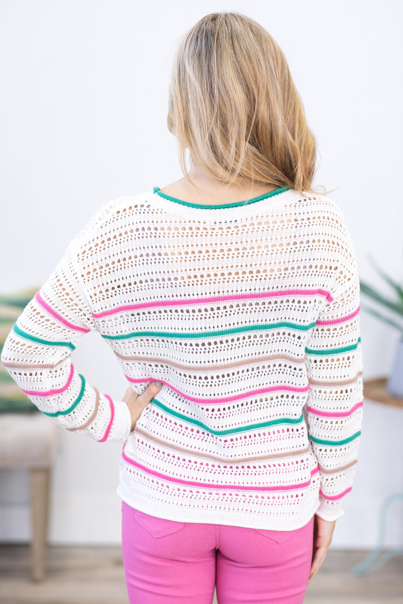 Jade and Pink Crochet Stripe Sweater