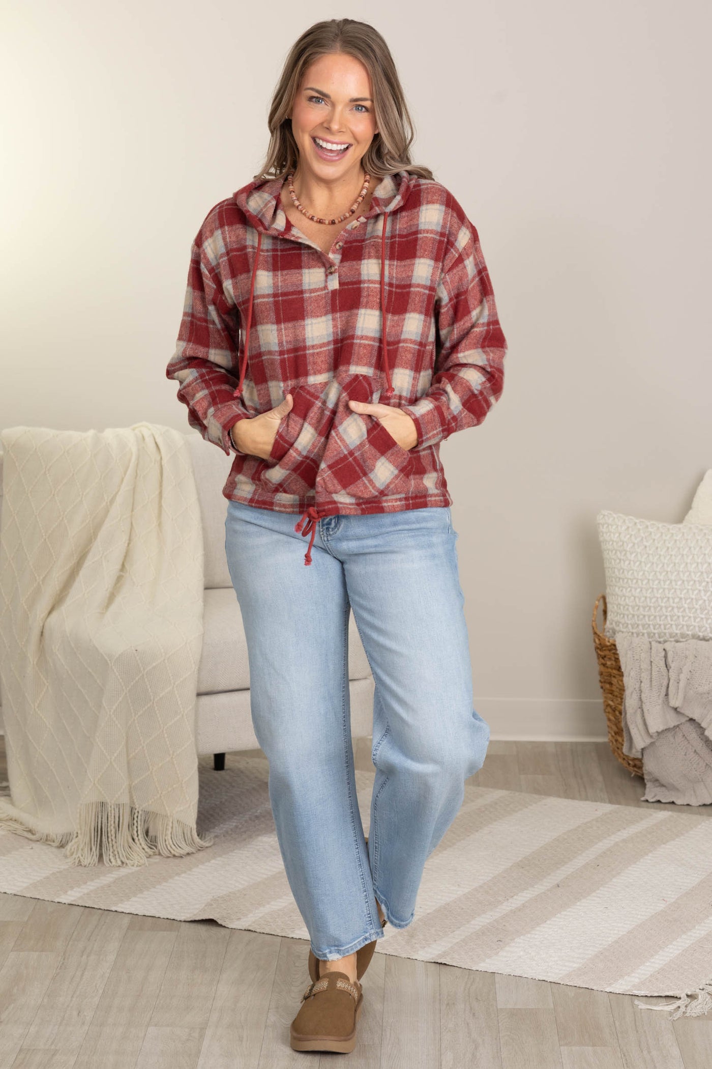 Red Lightweight Flannel Plaid Woven Hoodie