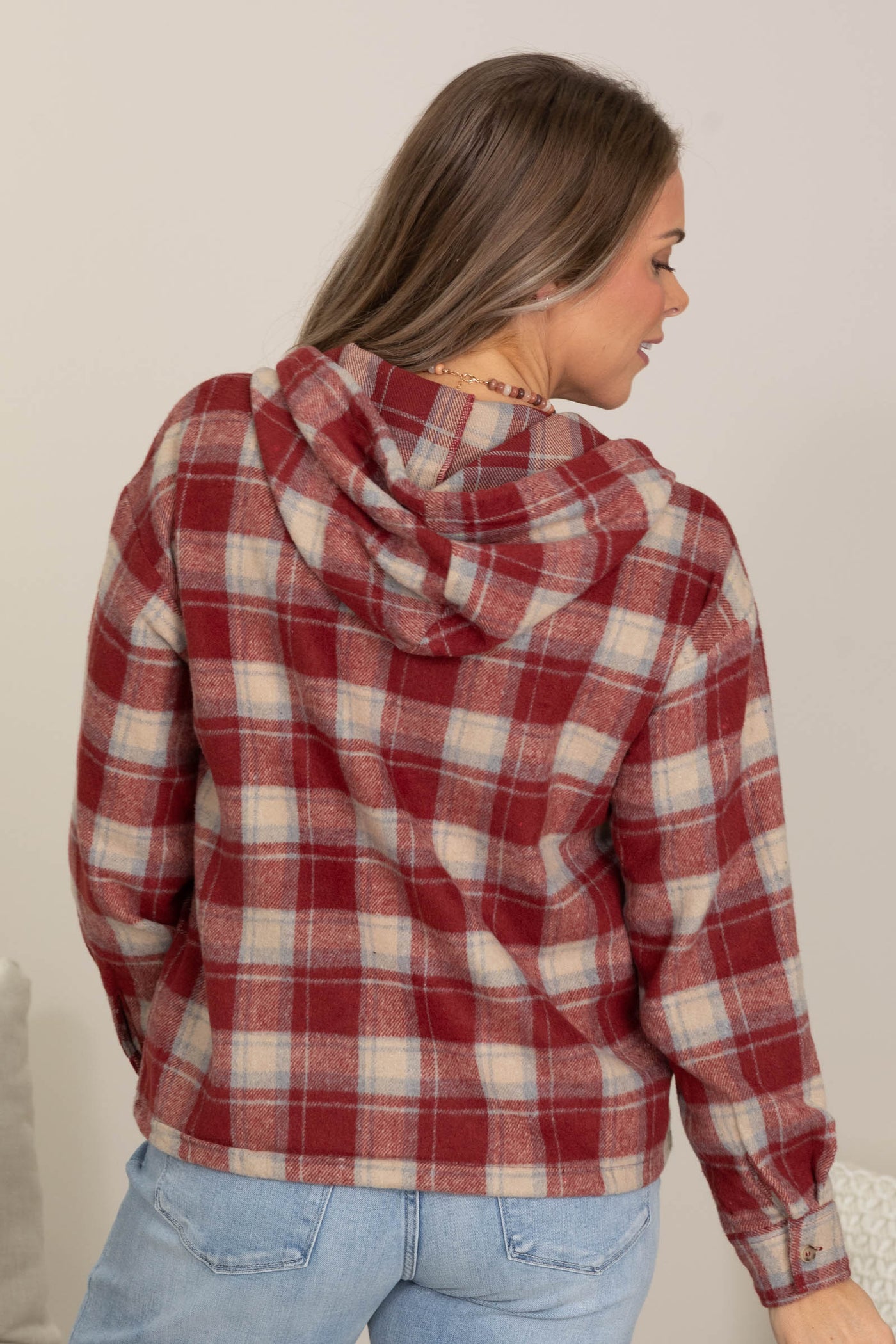 Red Lightweight Flannel Plaid Woven Hoodie