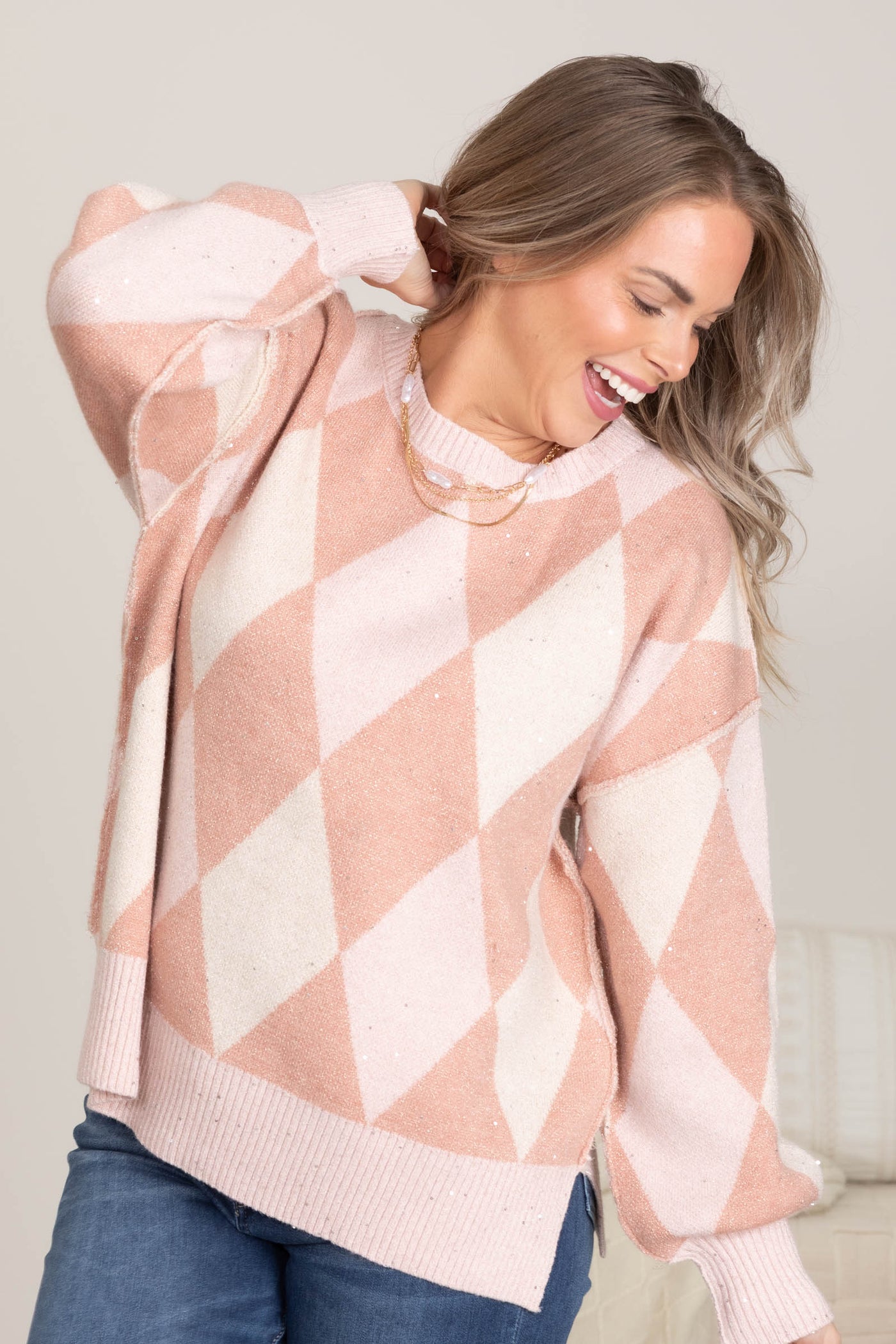 Dusty Pink Argyle Long Sleeve Knit Sweater