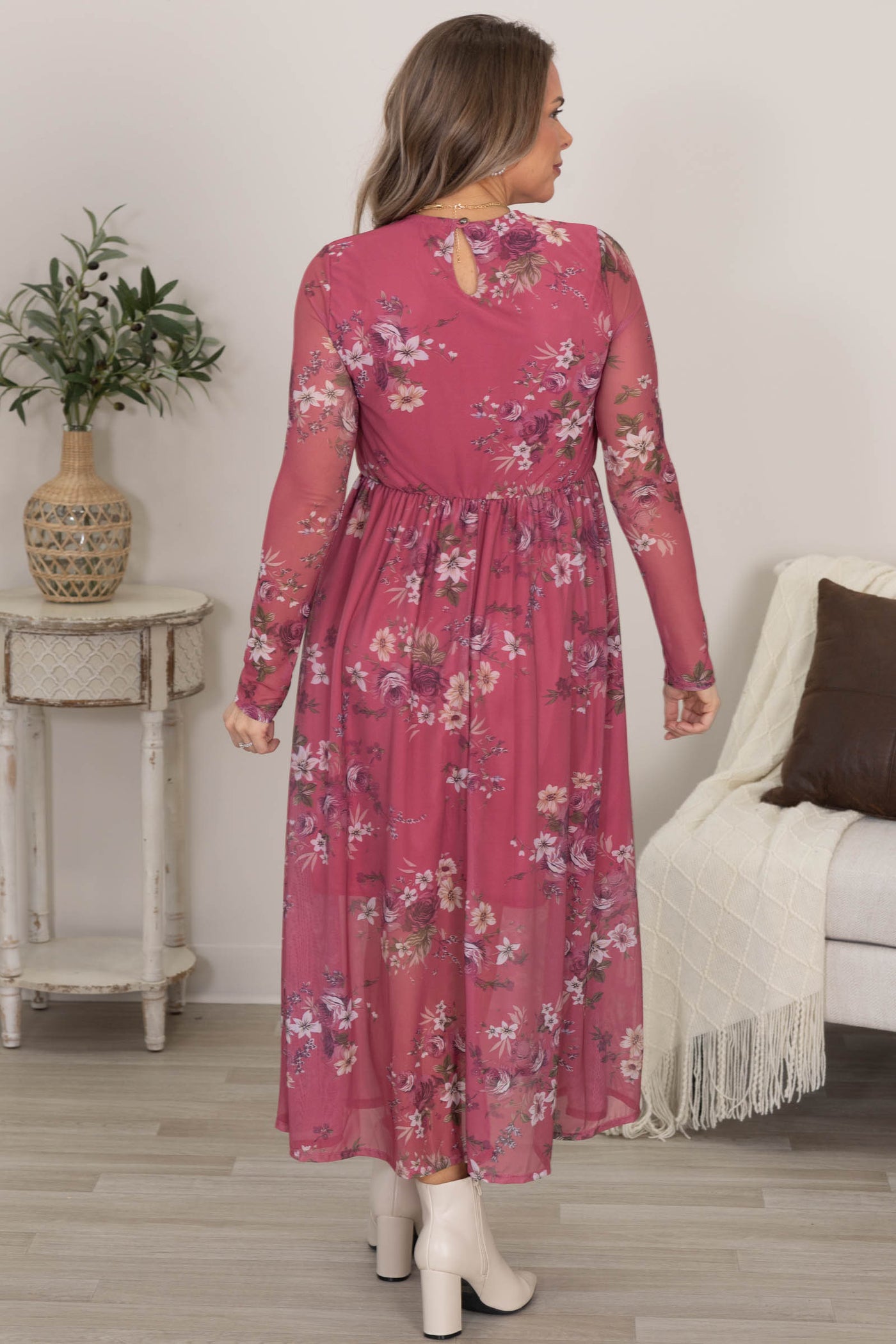 Raspberry Midi Semi Sheer Mesh Floral Dress