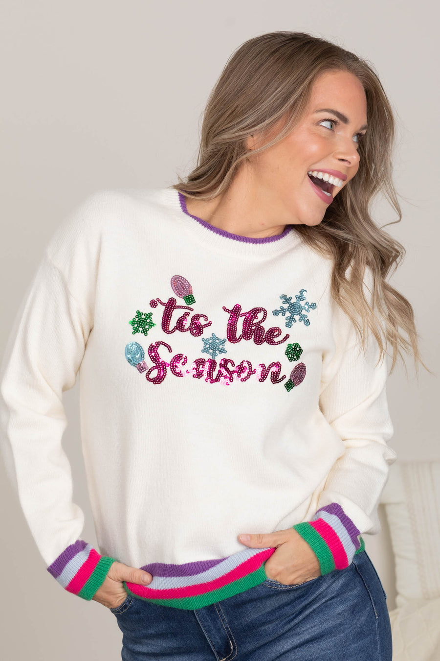 Ivory Tis The Season Contrast Hem Sweater