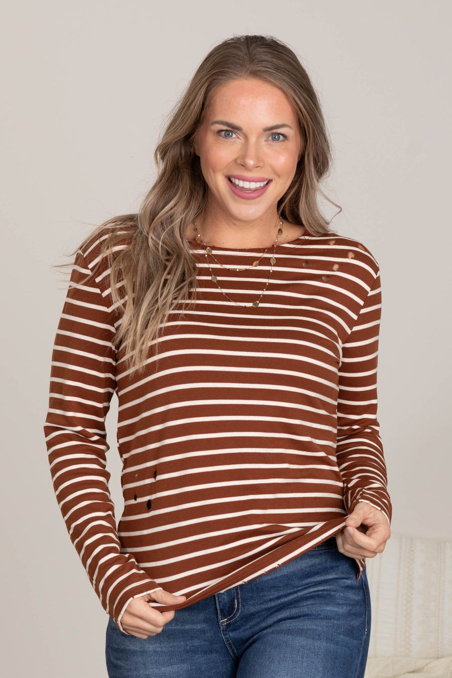 Stripe Long Sleeve Knit Tops With Laser Cuts