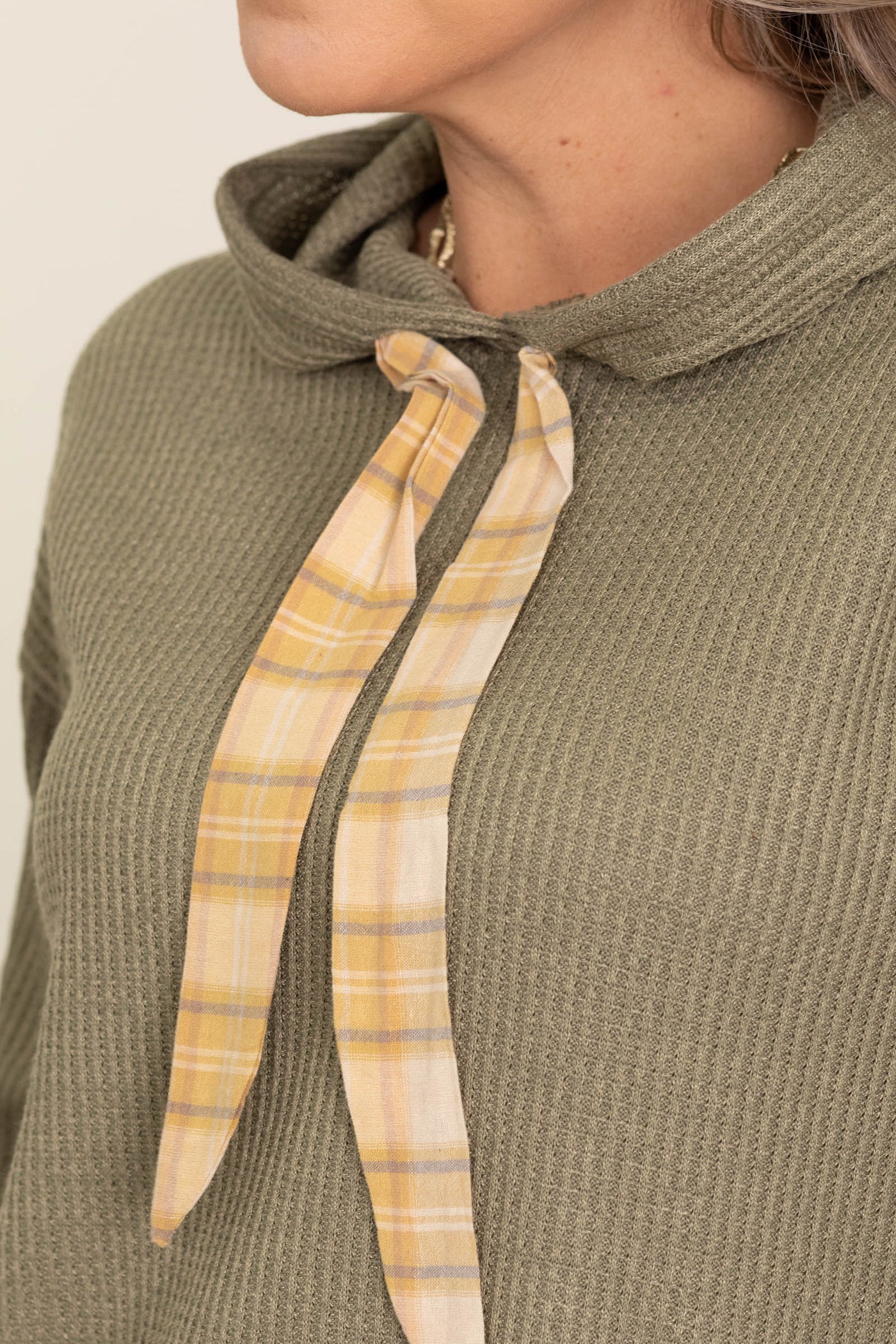 Olive And Honey Plaid Waffle Knit Hoodie