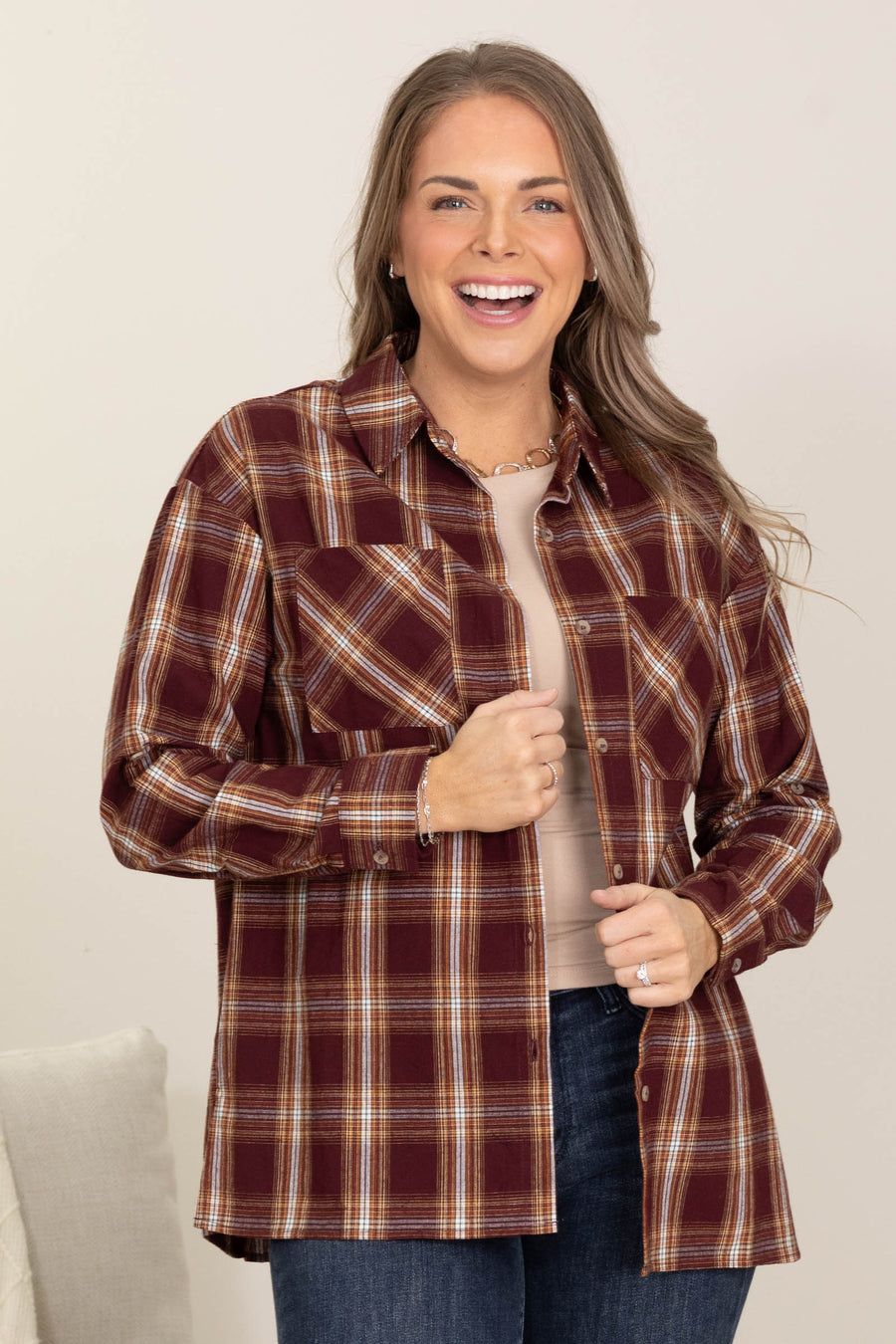Berry Plaid Woven Top With Roll Up Sleeve