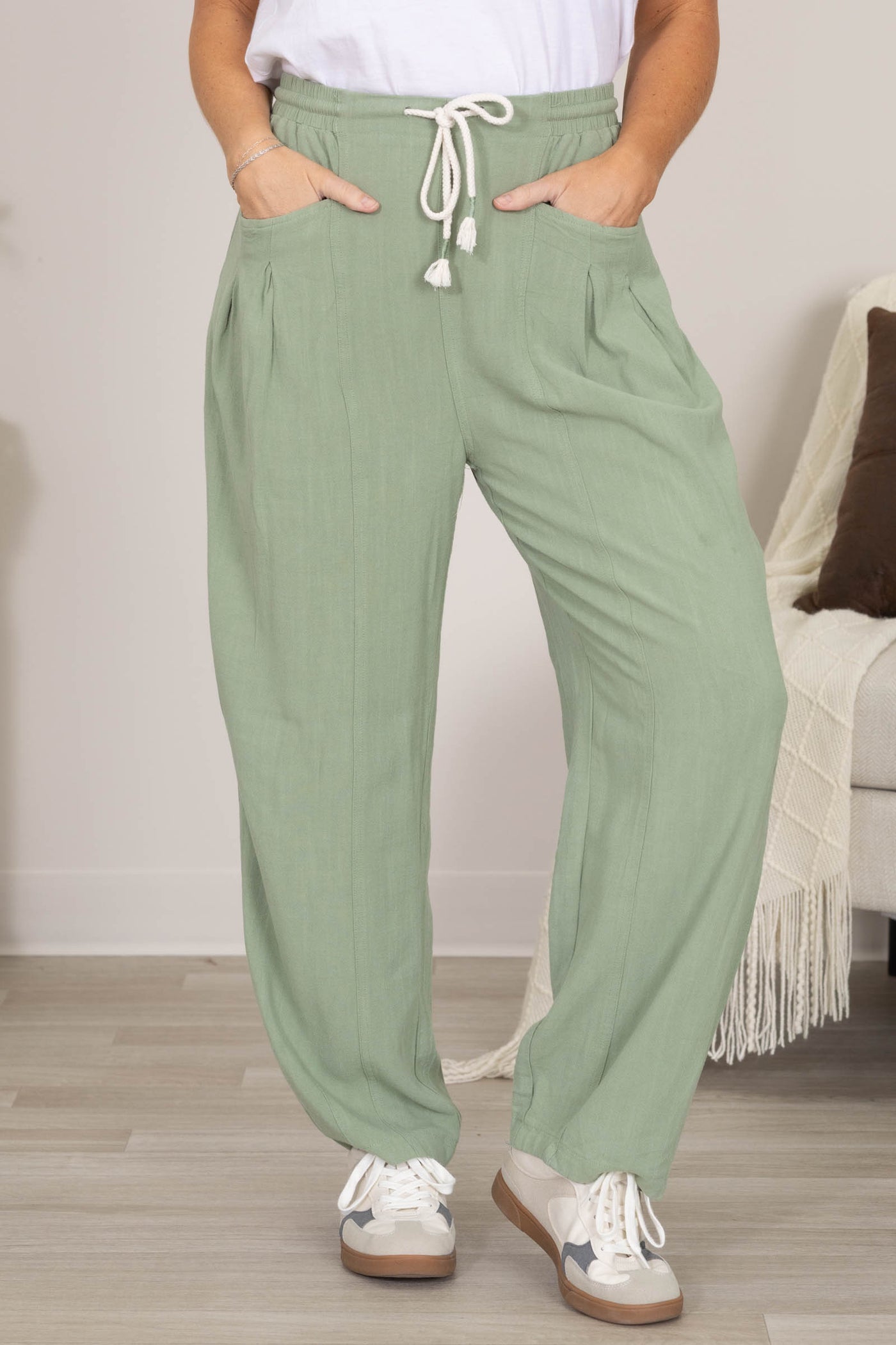 Linen Blend Waist Belted Barrel Leg Loose Pants