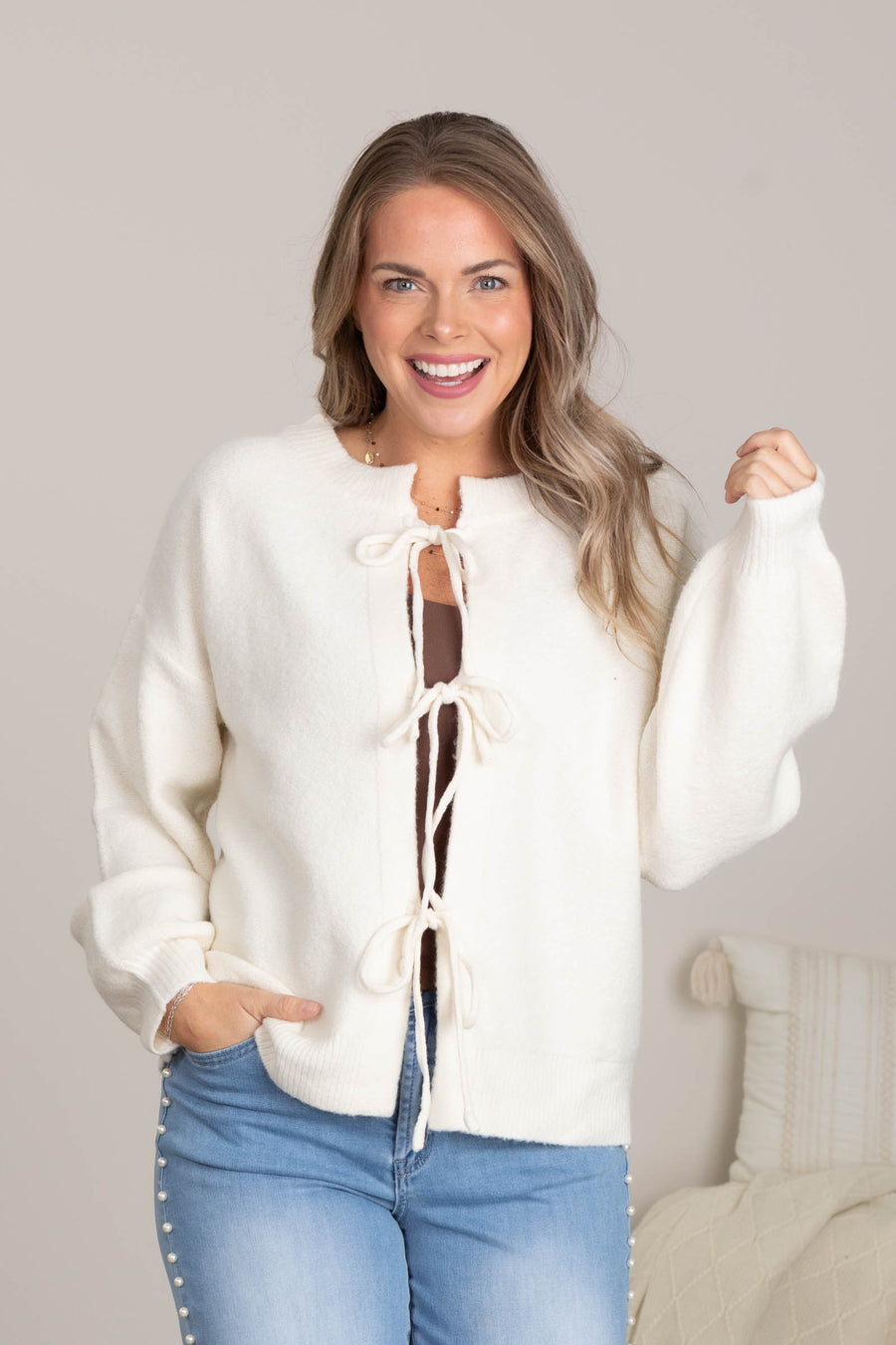 Ivory Tie Closure Soft Knit Cardigans
