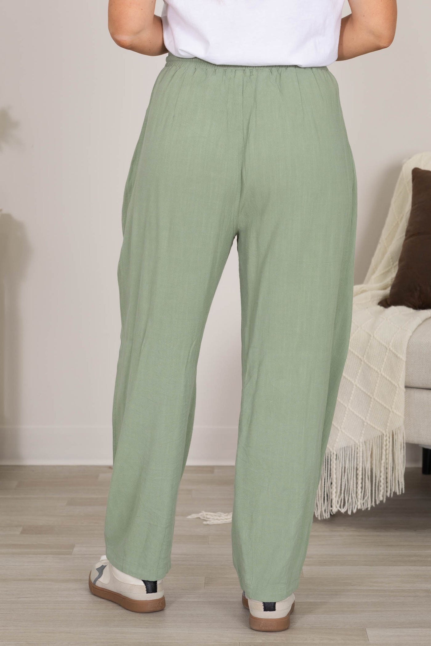 Linen Blend Waist Belted Barrel Leg Loose Pants
