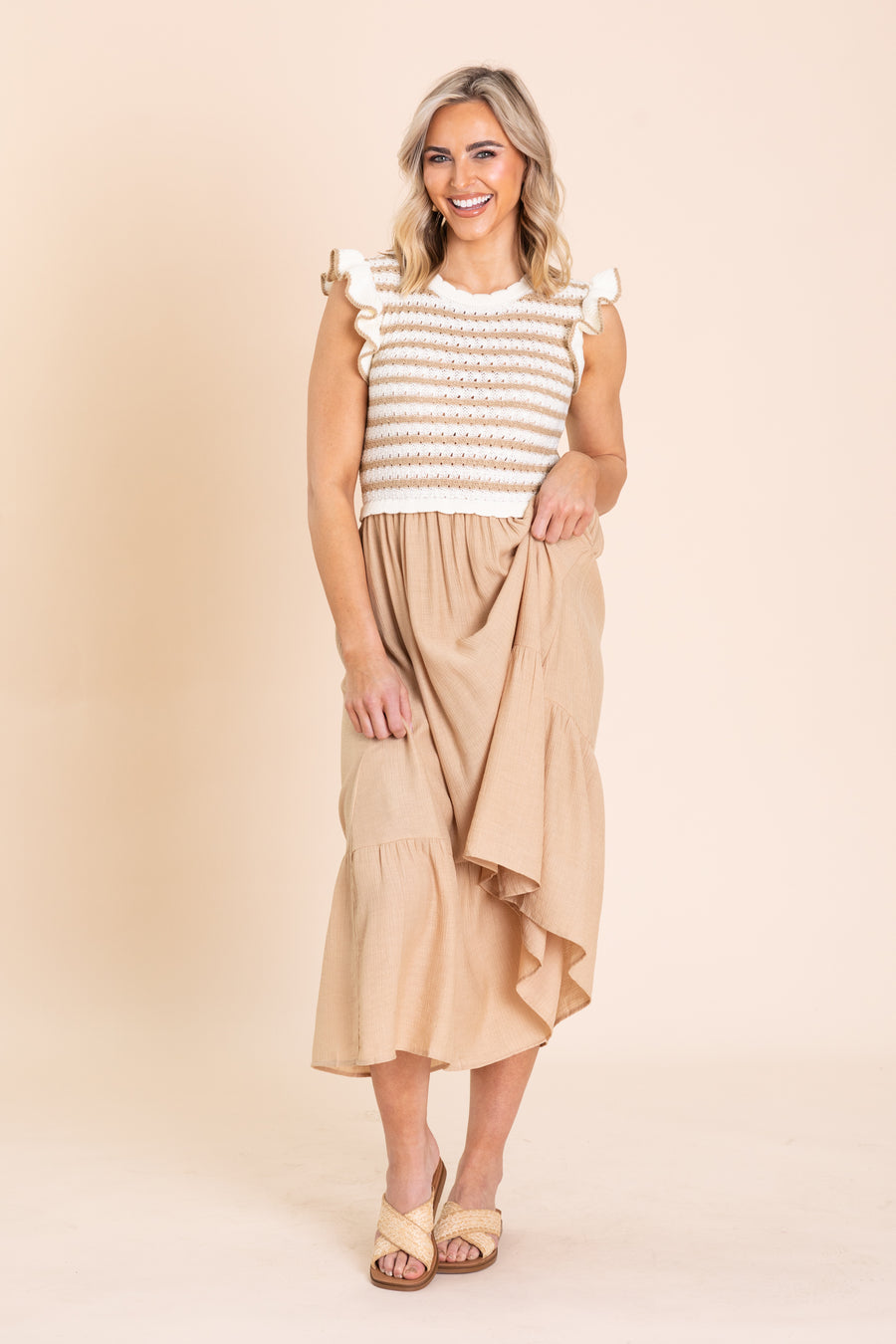 Khaki Stripe Sweater Top Midi Dress