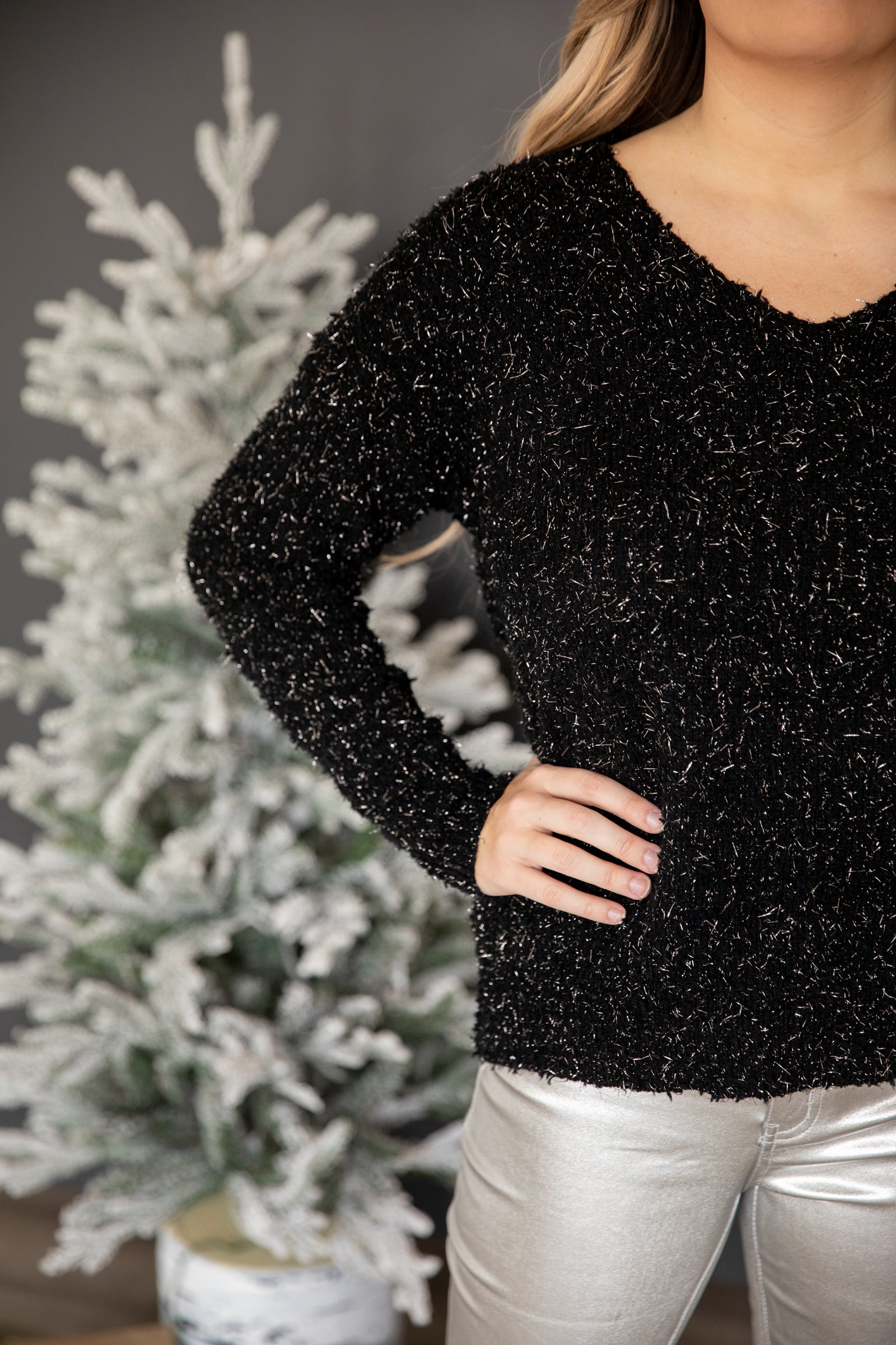 Black V-Neck Popcorn Textured Sweater