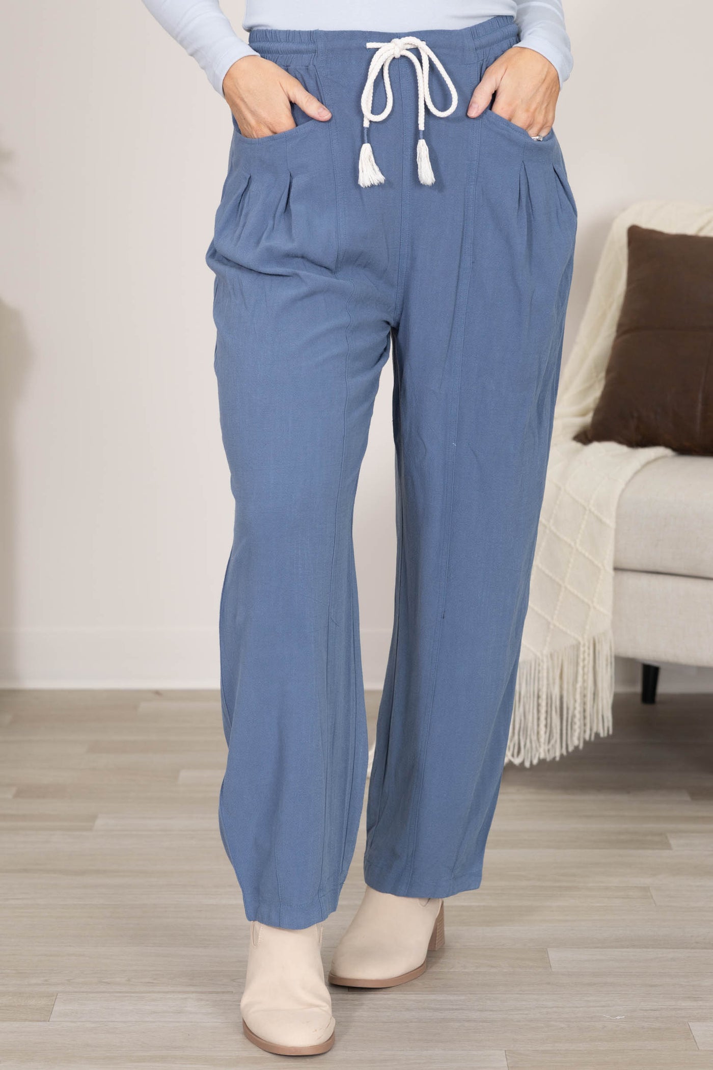 Linen Blend Waist Belted Barrel Leg Loose Pants