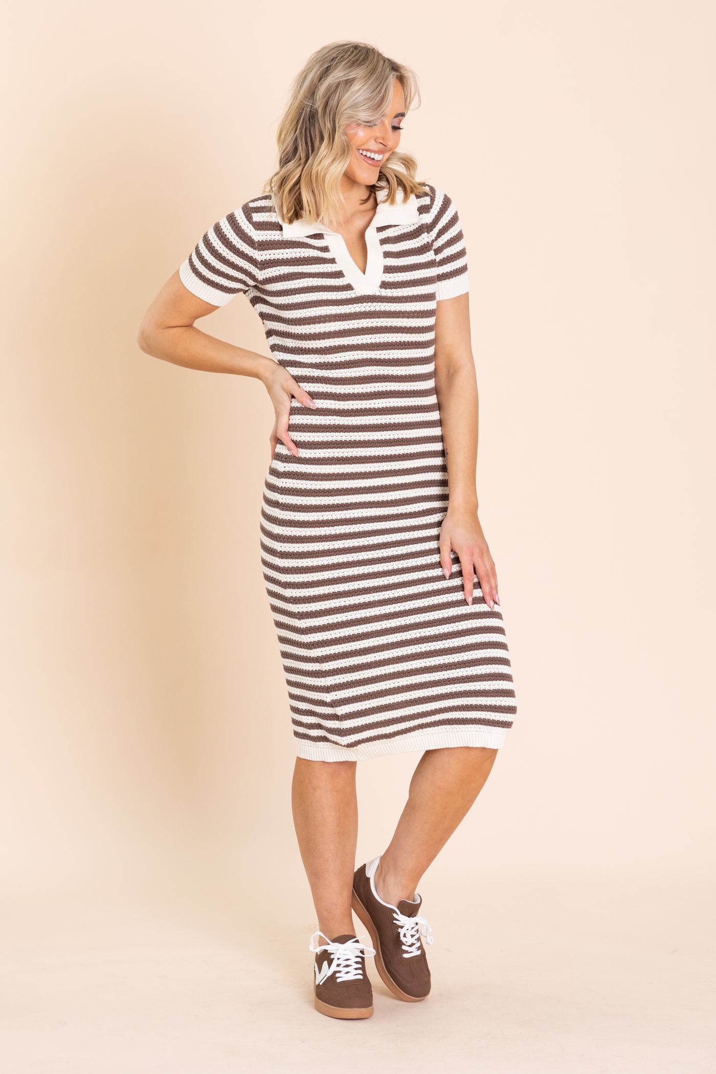 Mocha Stripe Crochet Knit Collard Midi Dress Mocha Stripe Crochet Knit Collard Midi Dress