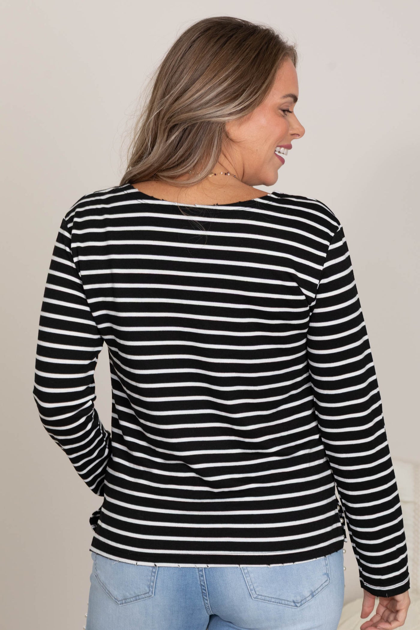 Stripe Long Sleeve Knit Tops With Laser Cuts