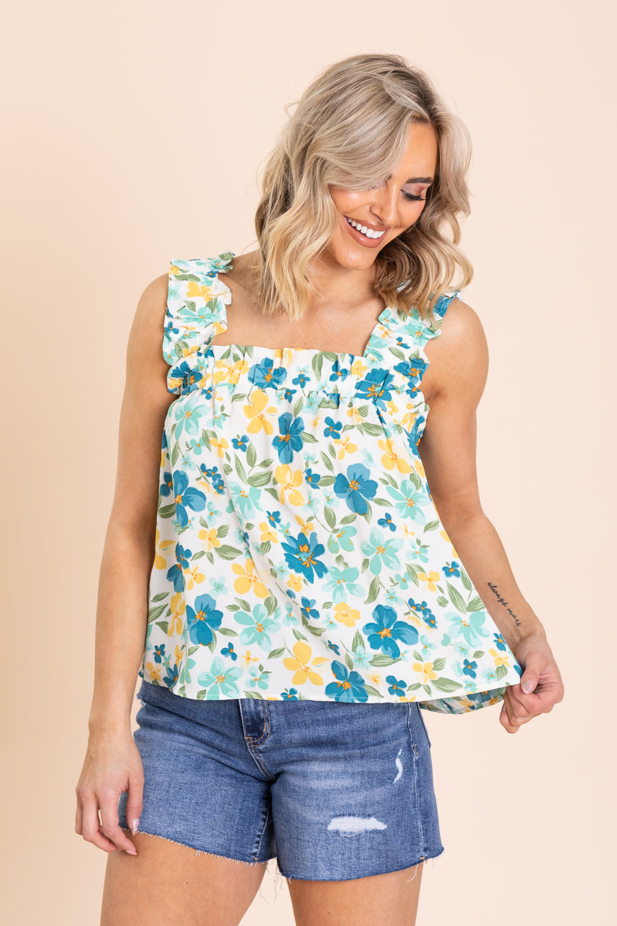 Mint Multicolor Floral Ruched Straps Woven Top