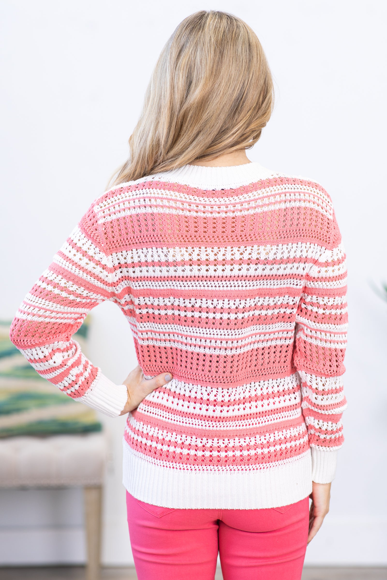 Coral Crochet Colorblock Sweater