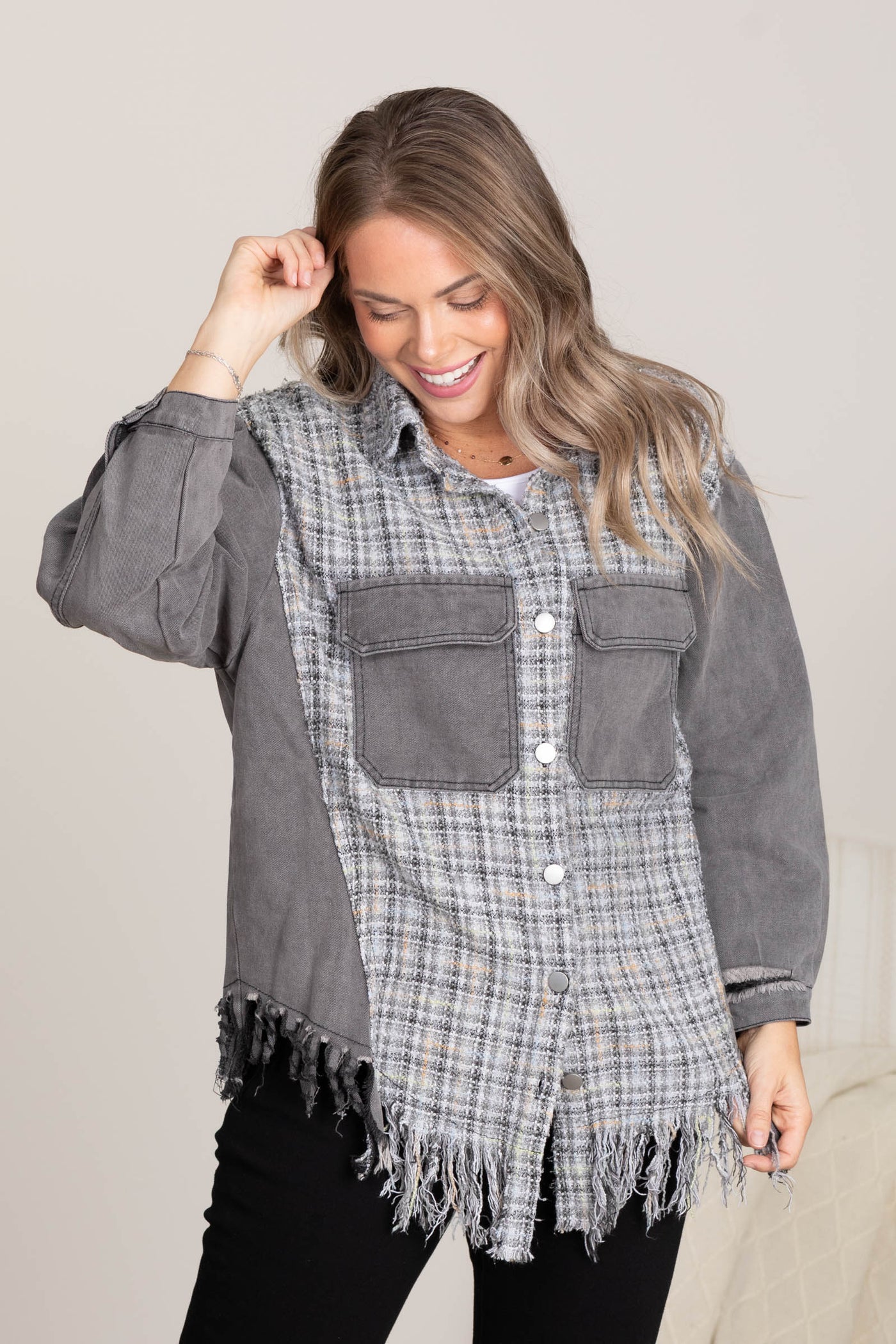 Charcoal Tweed Mixed Denim Shacket With Fringe