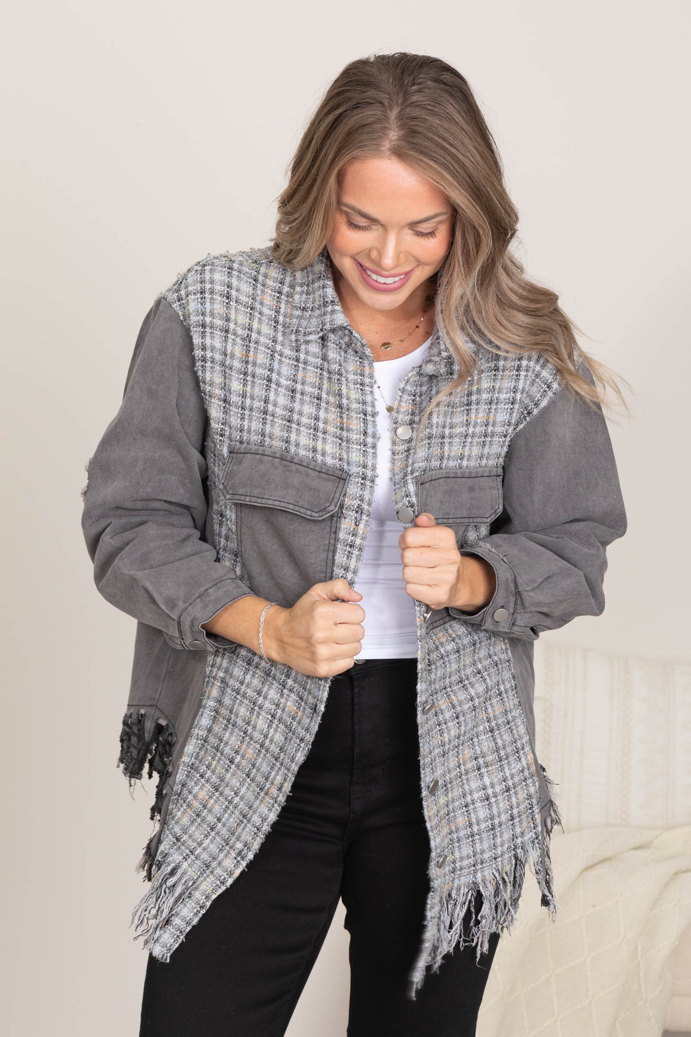 Charcoal Tweed Mixed Denim Shacket With Fringe